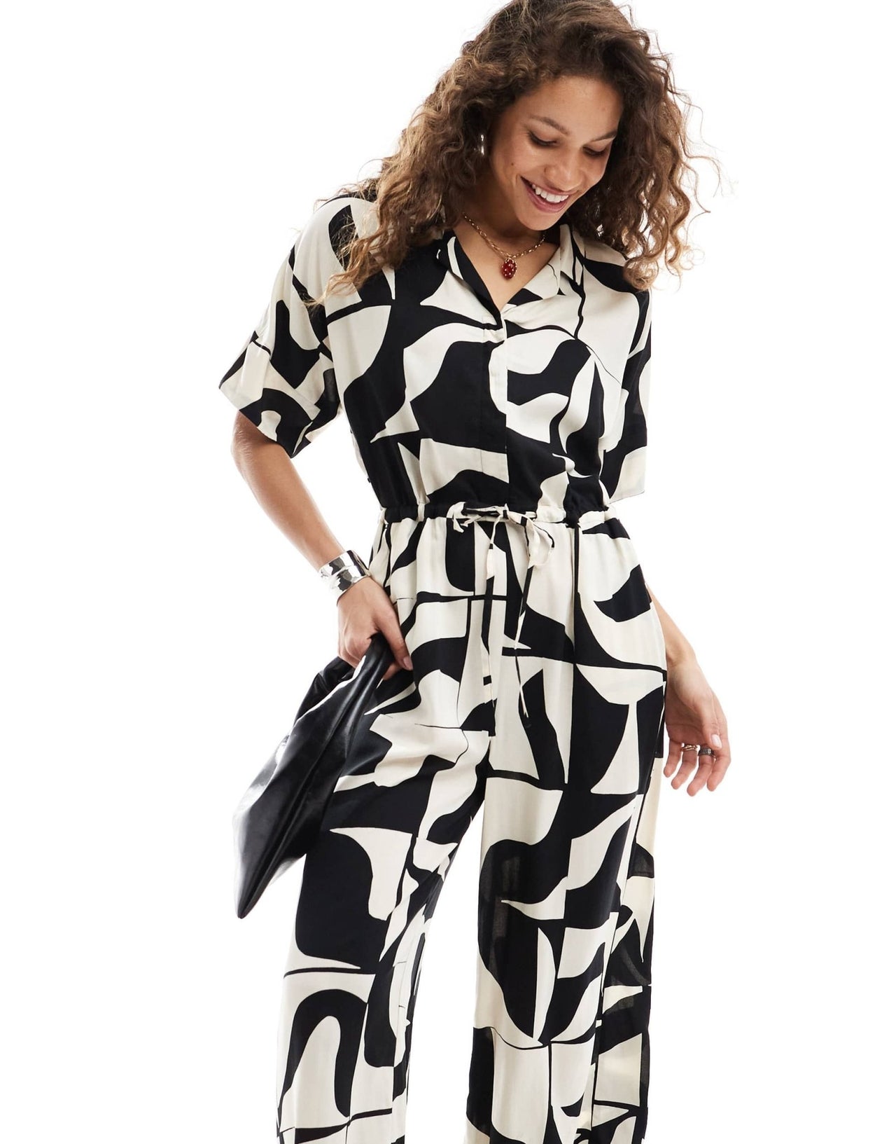 Monki tie waist jumpsuit in black and white puzzle print - ASOS Sample Sale