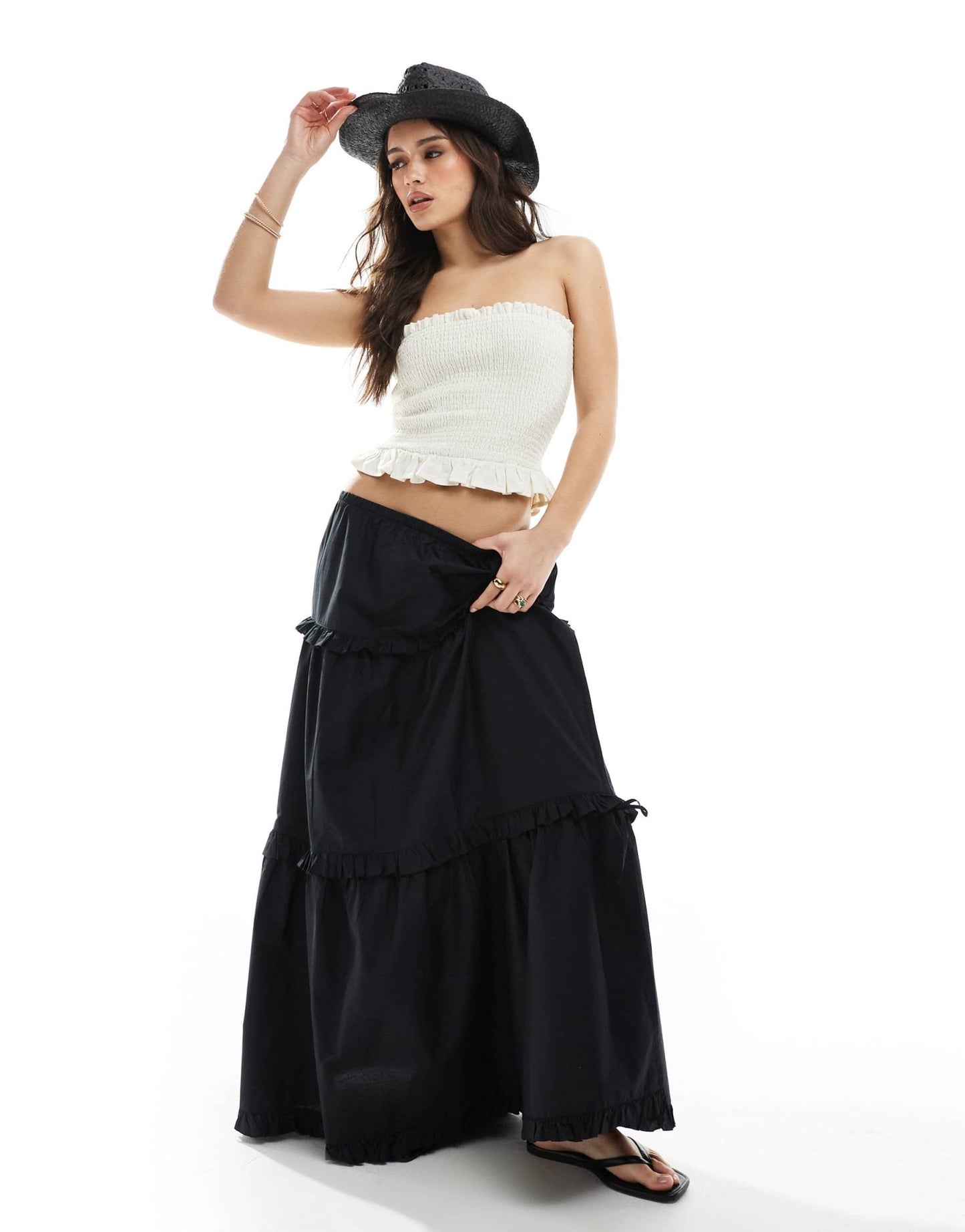 Monki tiered maxi skirt with ruffle detail in black - ASOS Sample Sale