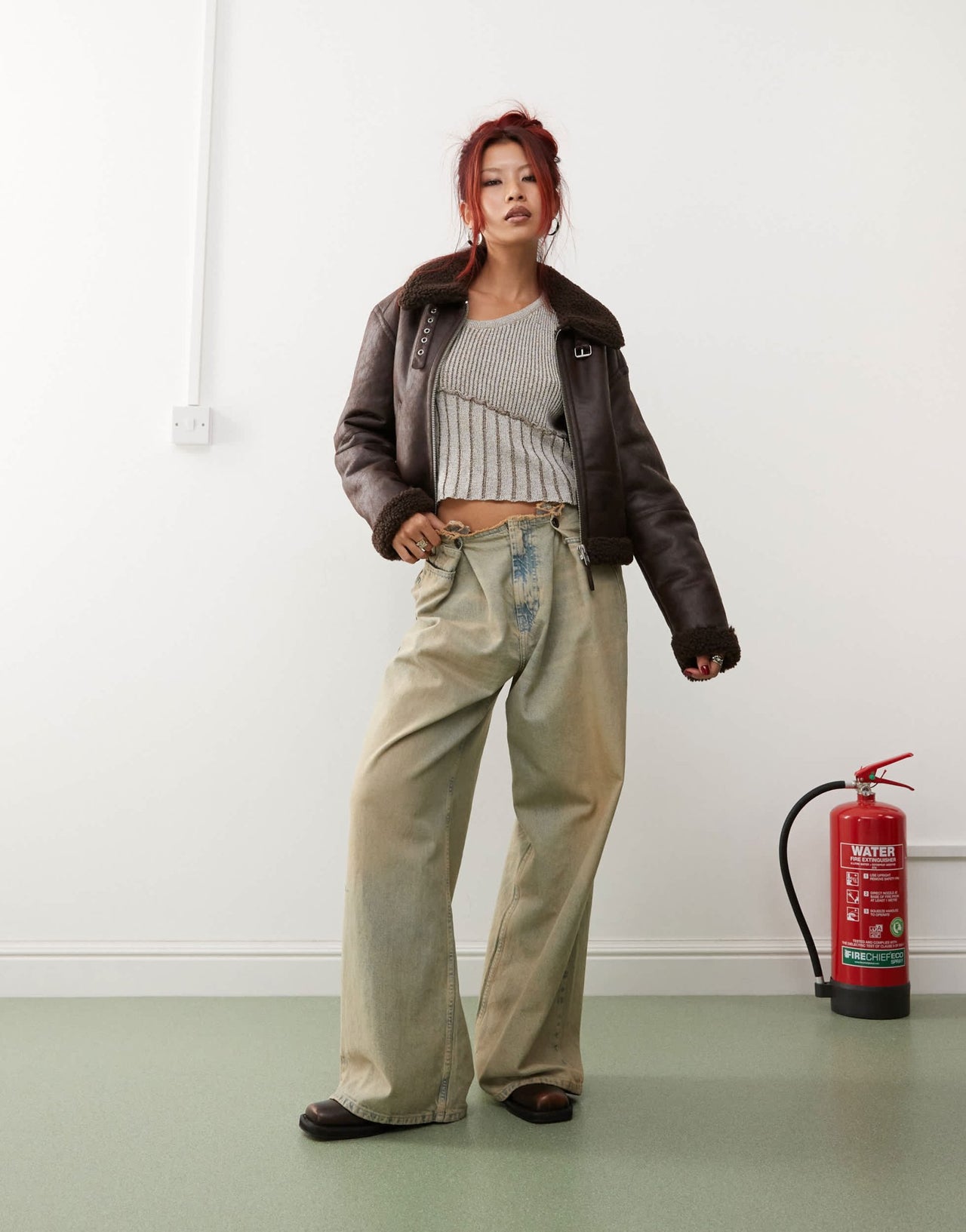 Monki vintage look faux shearling aviator jacket with buckle collar brown - ASOS Sample Sale