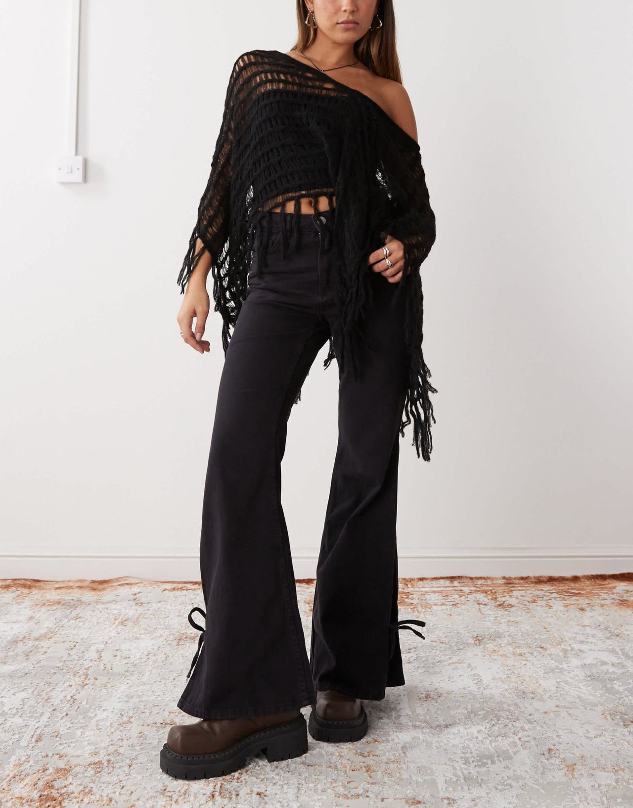 Monki wide leg trousers with tie bow detail in washed black - ASOS Sample Sale