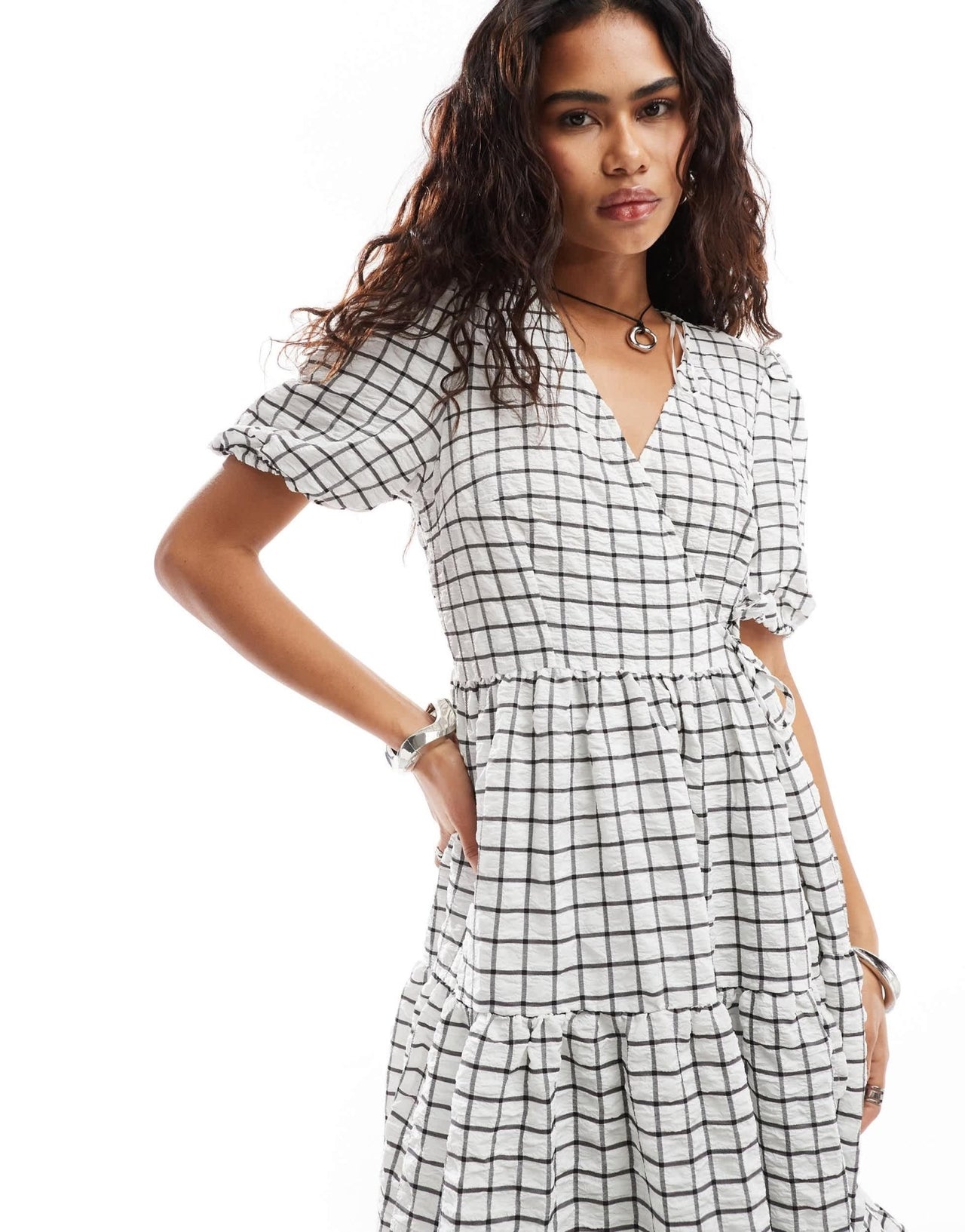 Monki wrap midi smock dress with tiered hem in white and black pane check - ASOS Sample Sale
