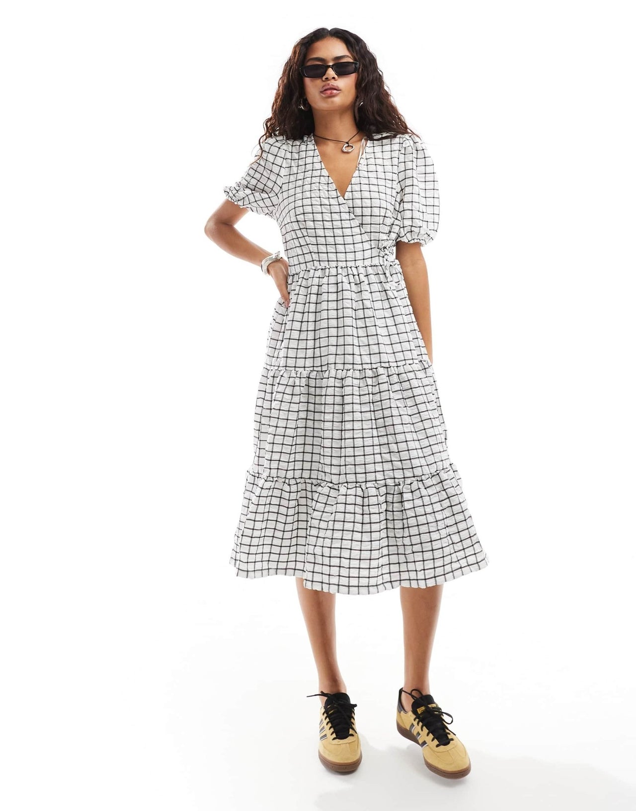 Monki wrap midi smock dress with tiered hem in white and black pane check - ASOS Sample Sale