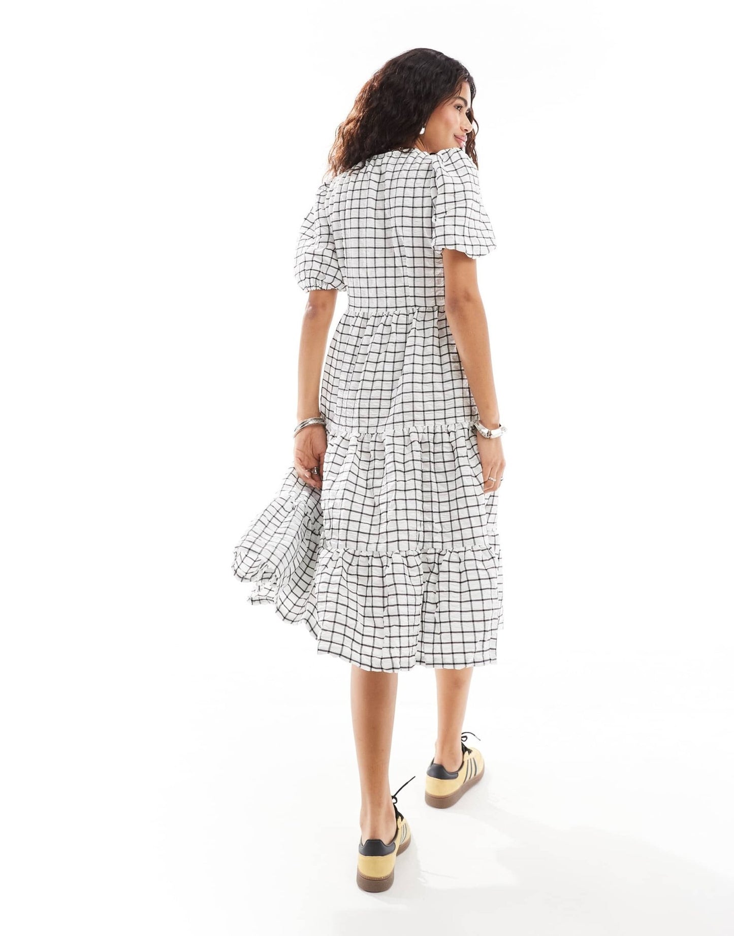 Monki wrap midi smock dress with tiered hem in white and black pane check - ASOS Sample Sale