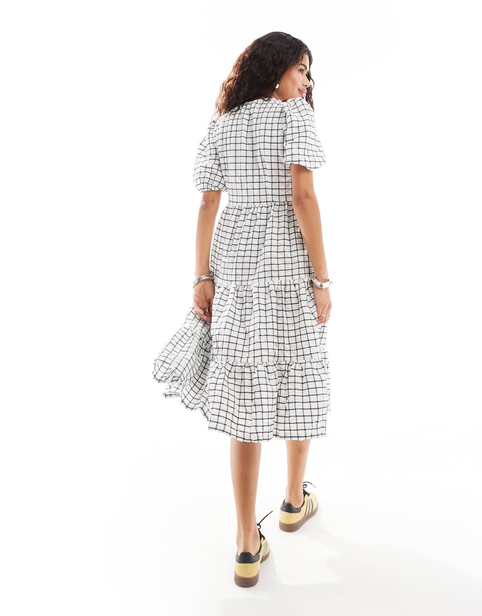Monki wrap midi smock dress with tiered hem in white and black pane check - ASOS Sample Sale