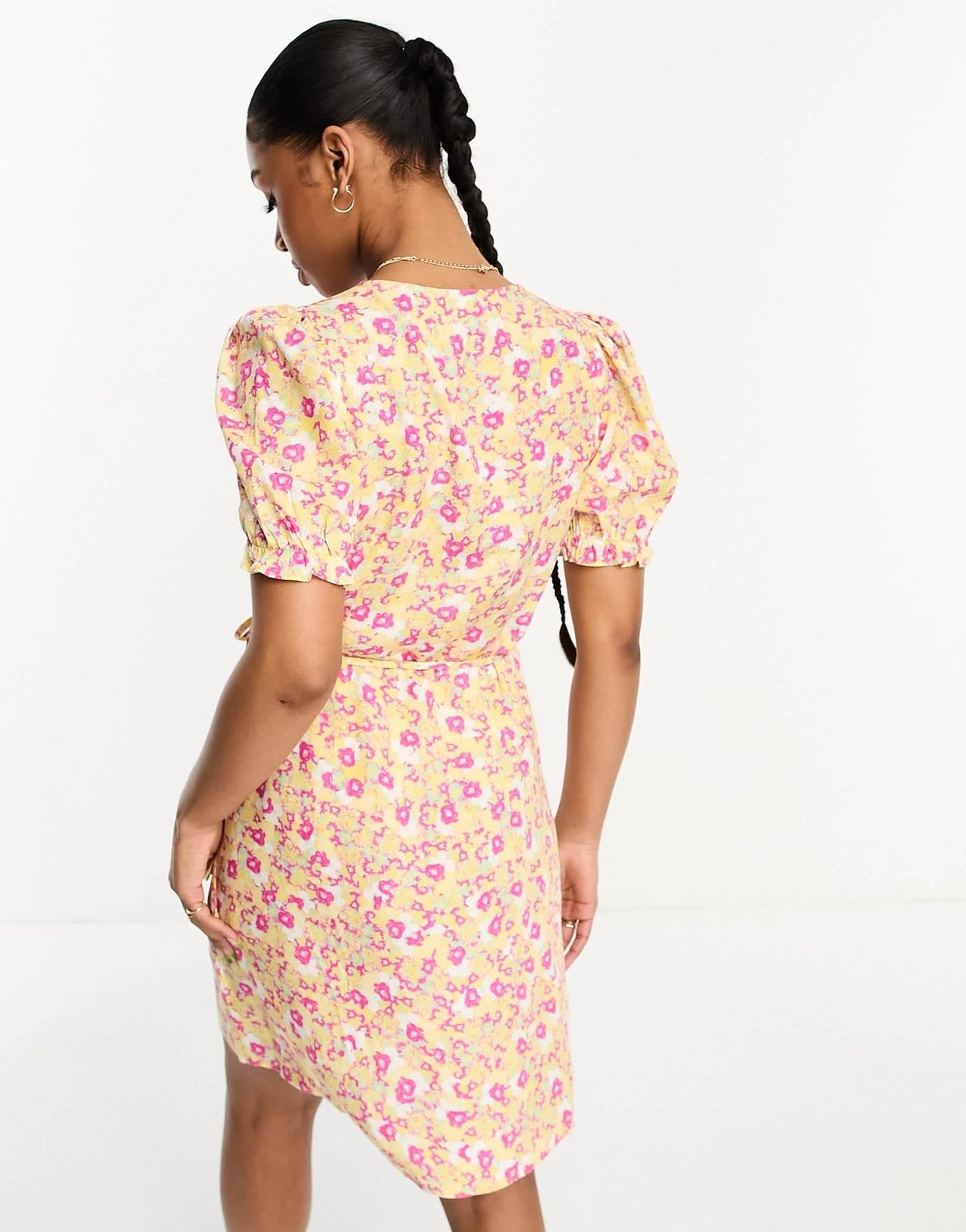 Monki wrap mini dress in yellow floral print - ASOS Sample Sale