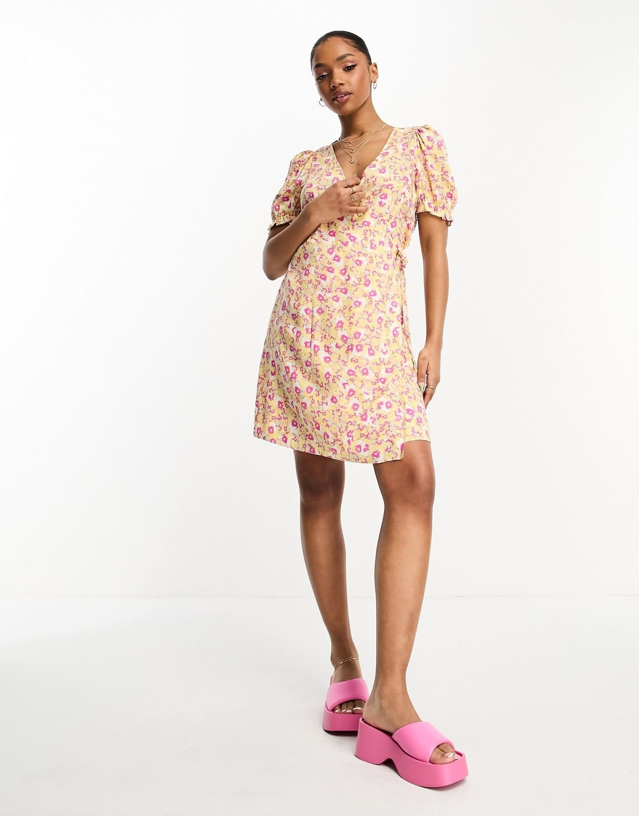 Monki wrap mini dress in yellow floral print - ASOS Sample Sale
