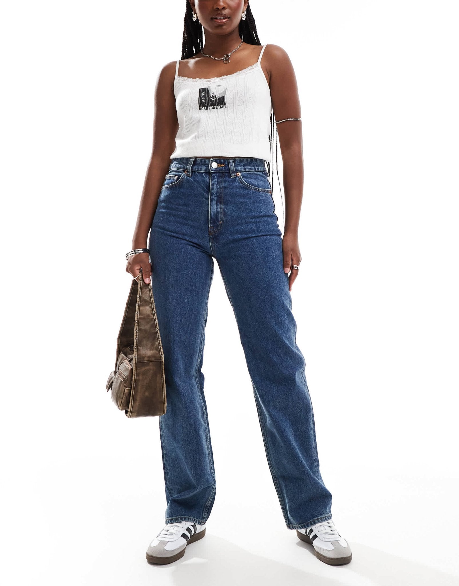 Monki Zami high waist straight leg jeans in mid blue - ASOS Sample Sale
