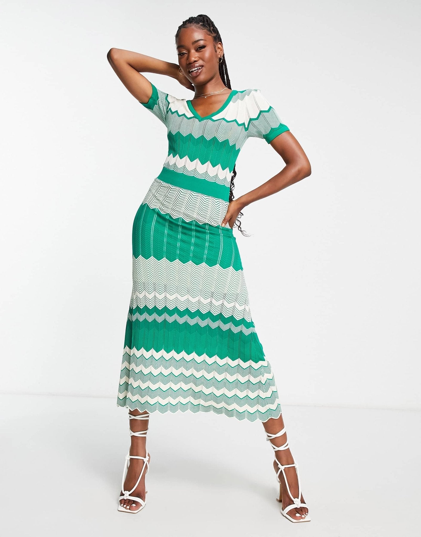 Morgan knitted contrast panel cap sleeve midi dress in green - ASOS Sample Sale
