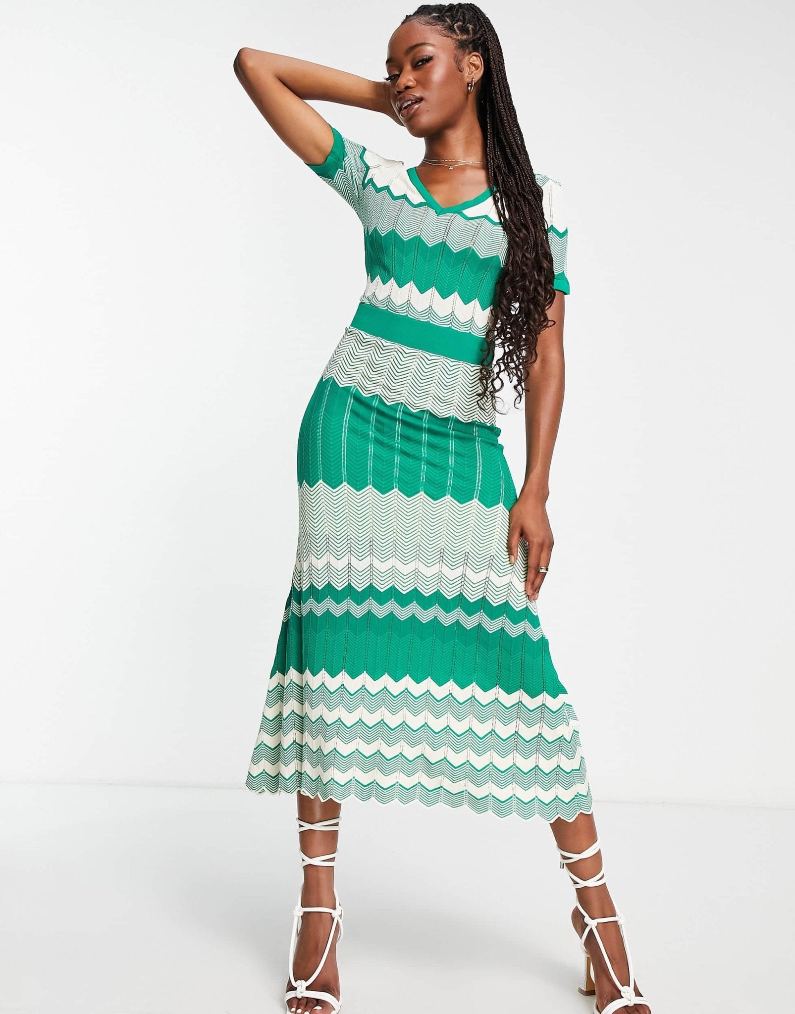 Morgan knitted contrast panel cap sleeve midi dress in green - ASOS Sample Sale