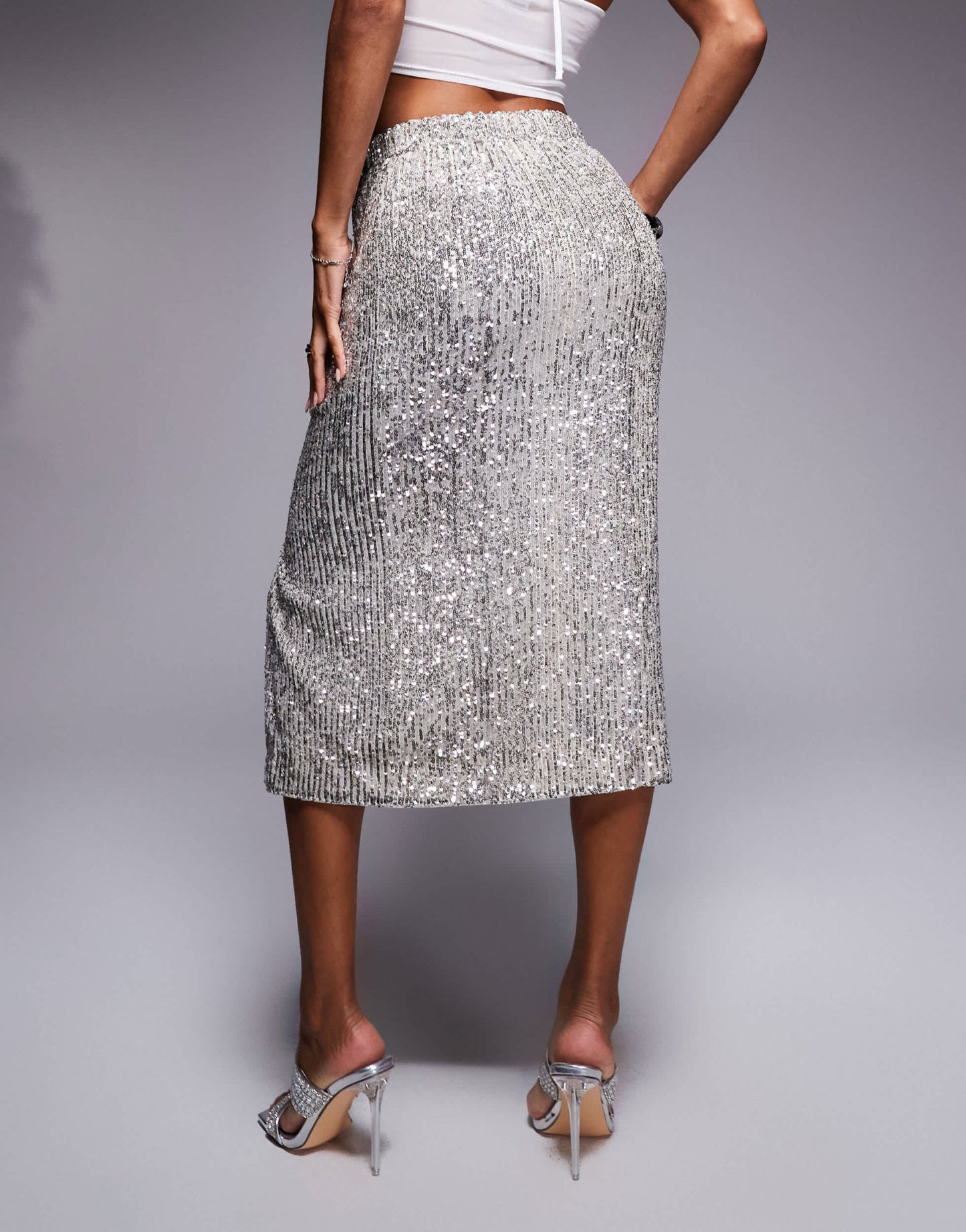 Morgan sequin thigh split midi skirt in silver - ASOS Sample Sale