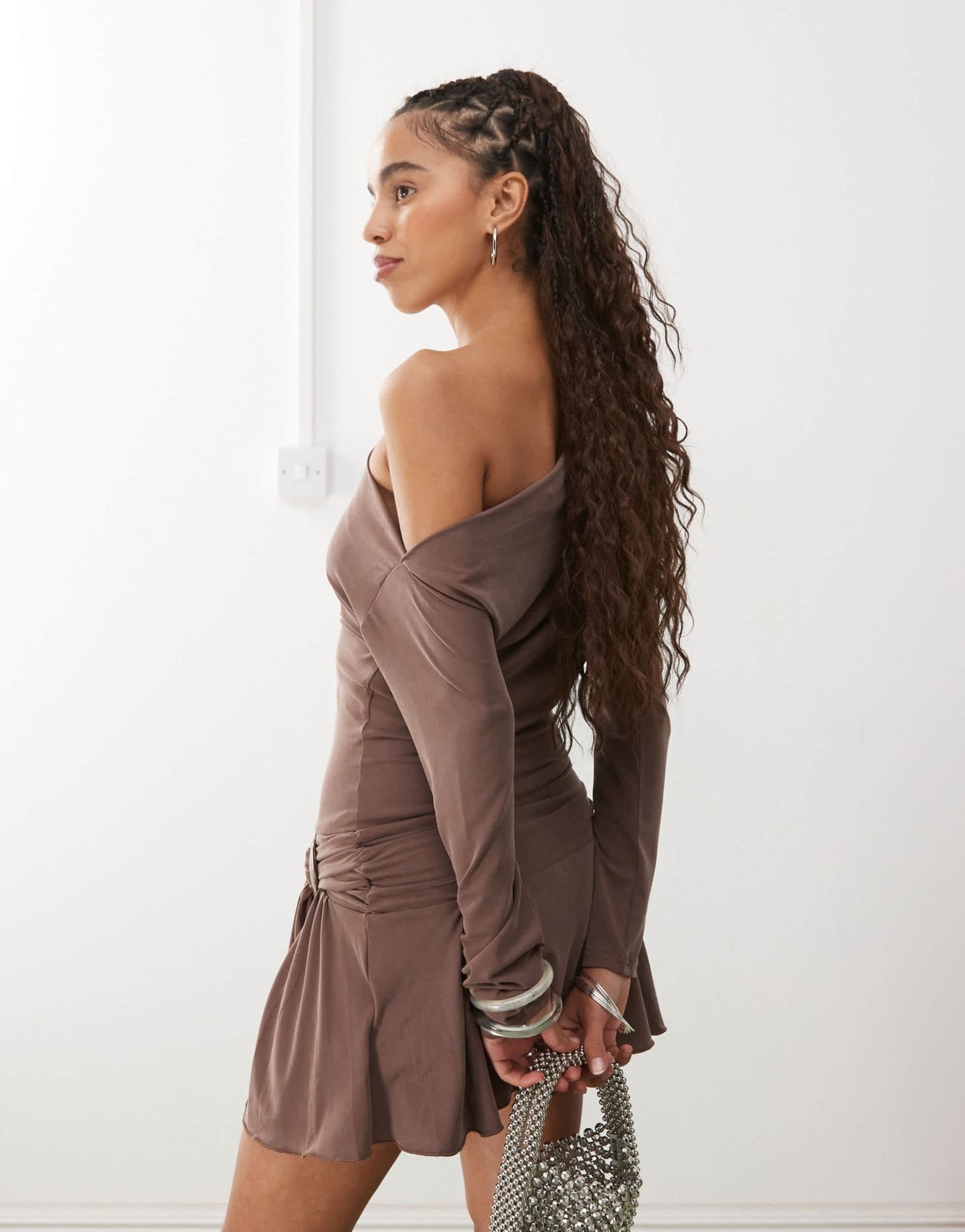 Motel aleida wrap detail off-shoulder slinky mini dress in mink - ASOS Sample Sale