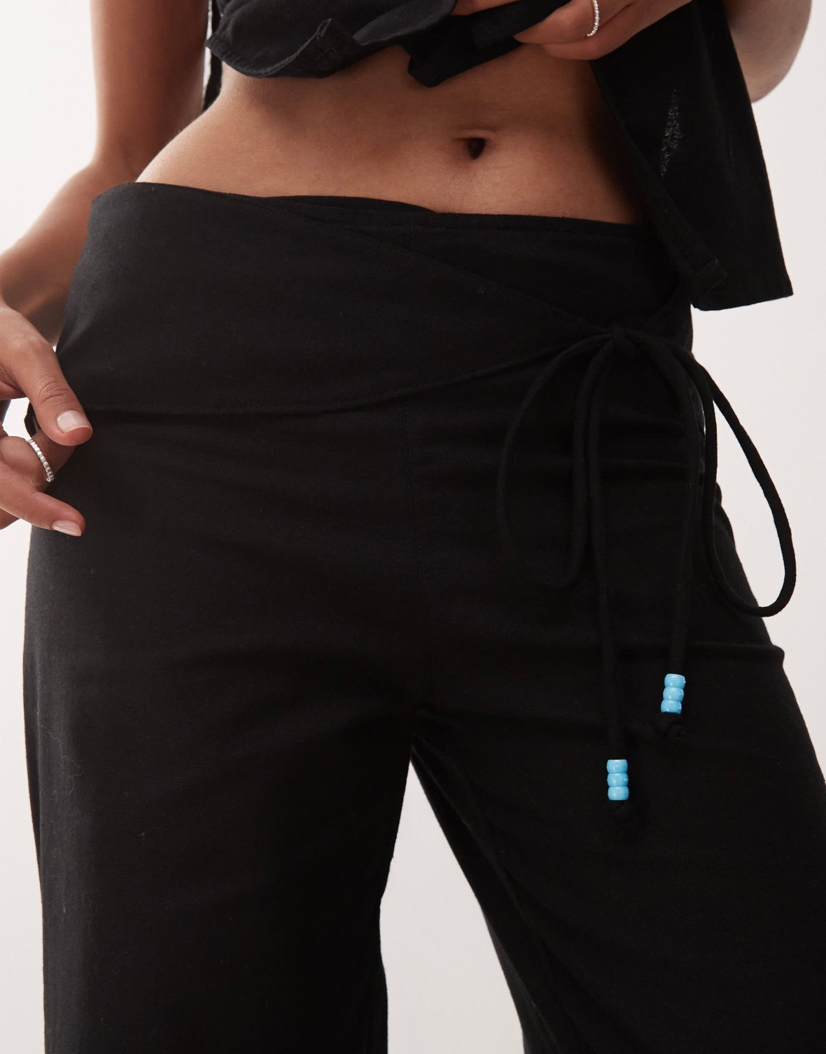 Motel cursa sarong overlay bead detail linen trousers in black - ASOS Sample Sale