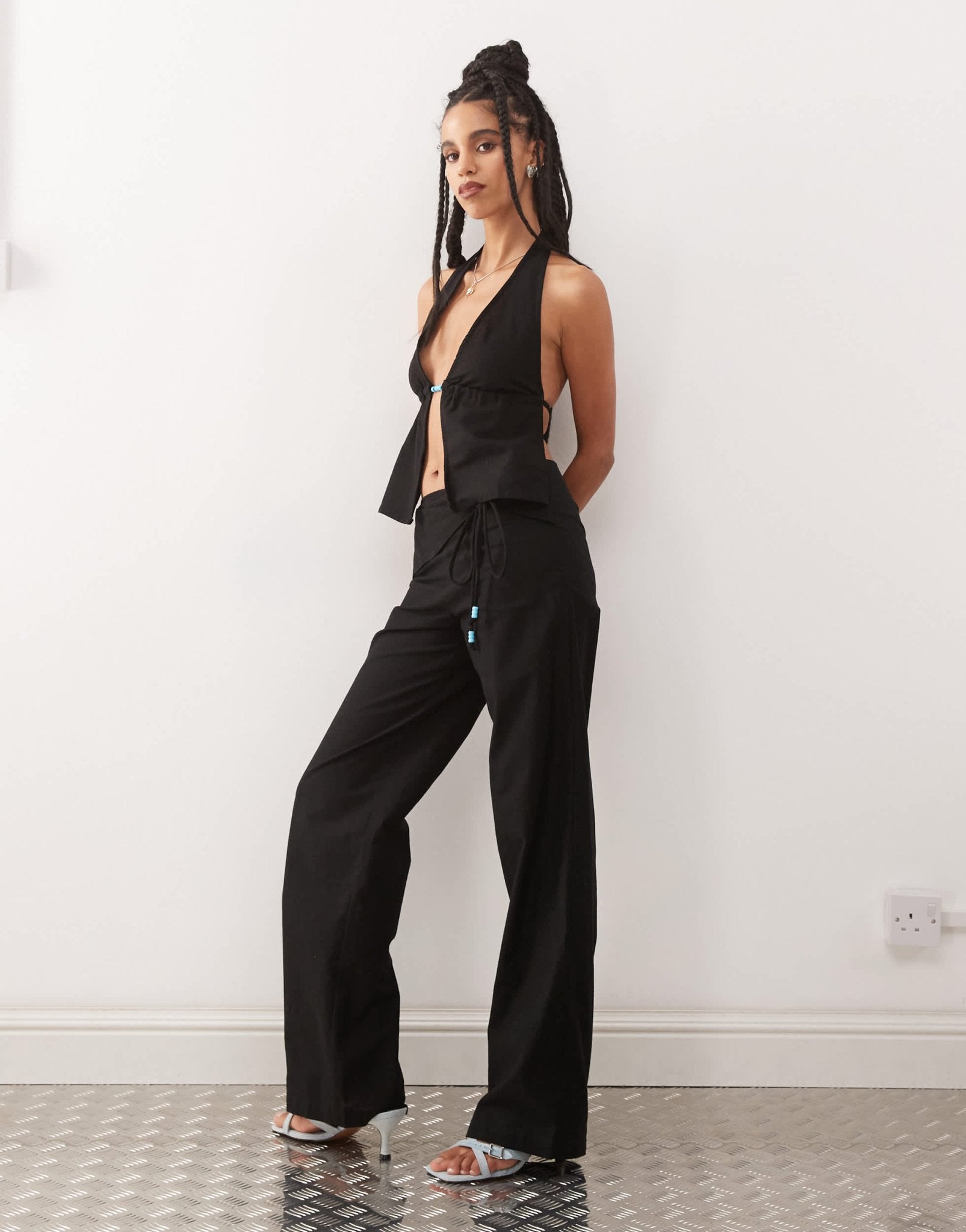Motel cursa sarong overlay bead detail linen trousers in black - ASOS Sample Sale