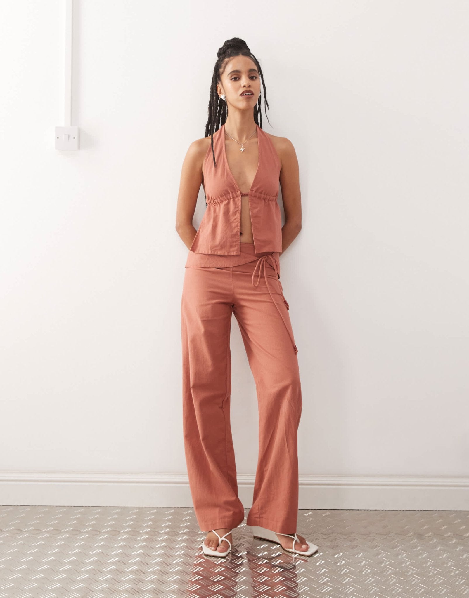 Motel cursa sarong overlay bead detail linen trousers in tuscan red - ASOS Sample Sale