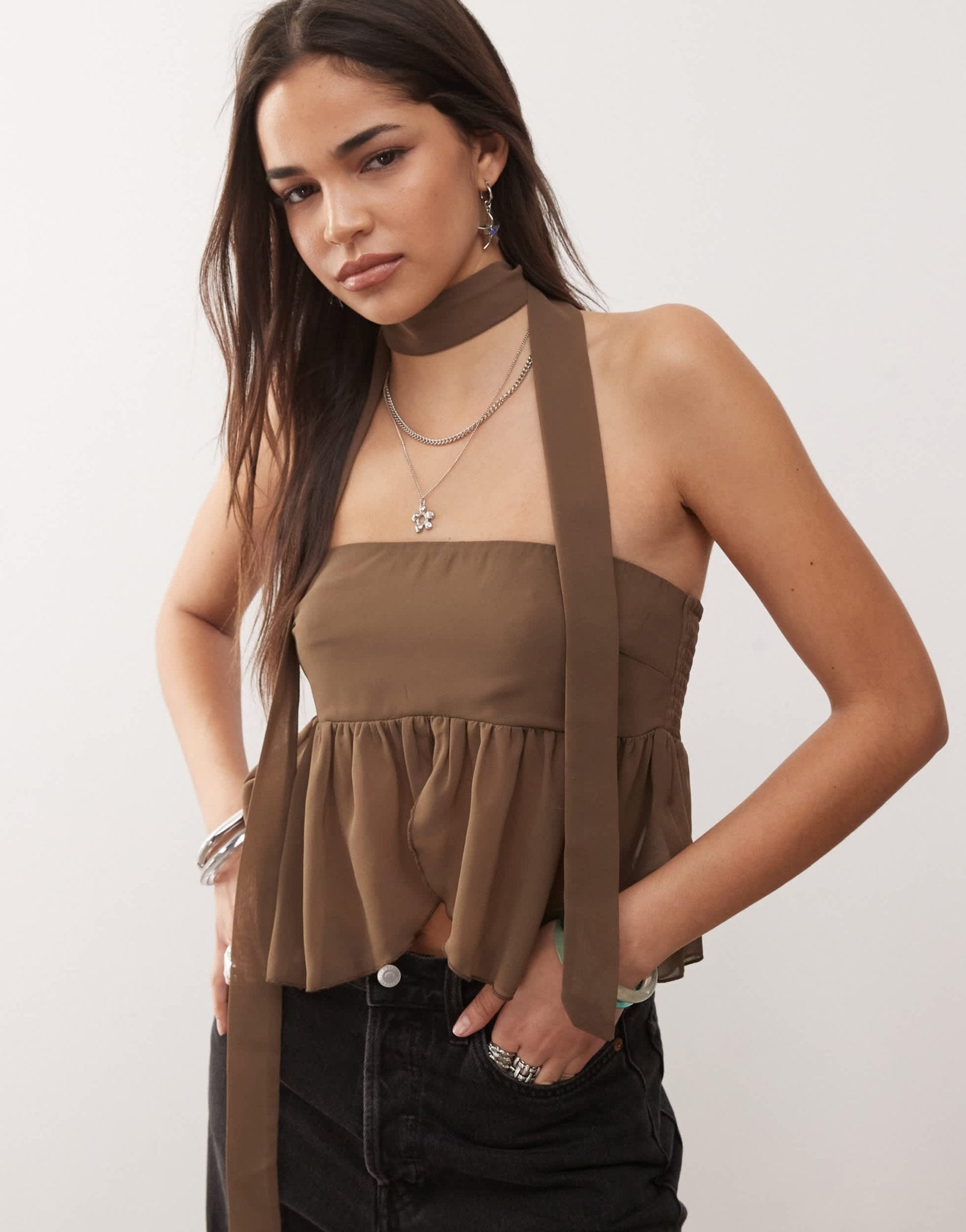 Motel desir scarf detail bandeau top in coffee - ASOS Sample Sale