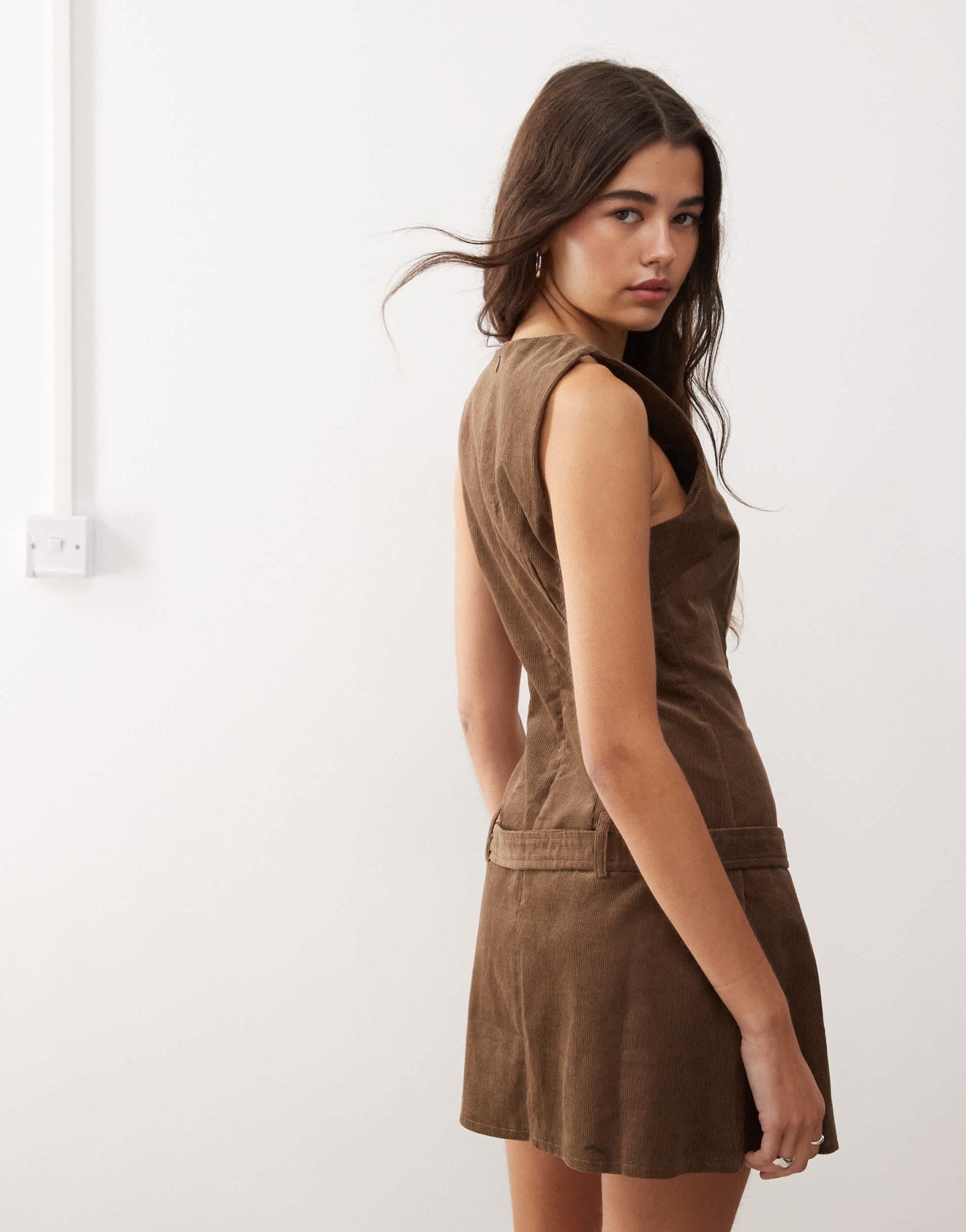 Motel dilshan baby cord mini shift dress in brown - ASOS Sample Sale