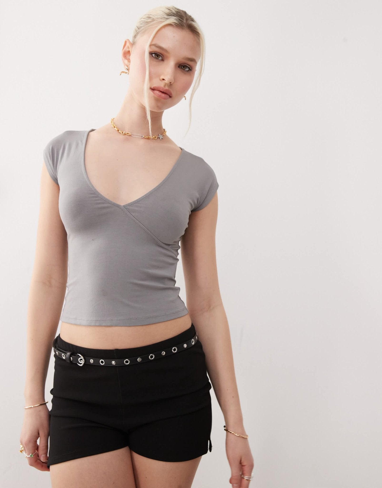 Motel dolores wrap v - neck top in grey - ASOS Sample Sale