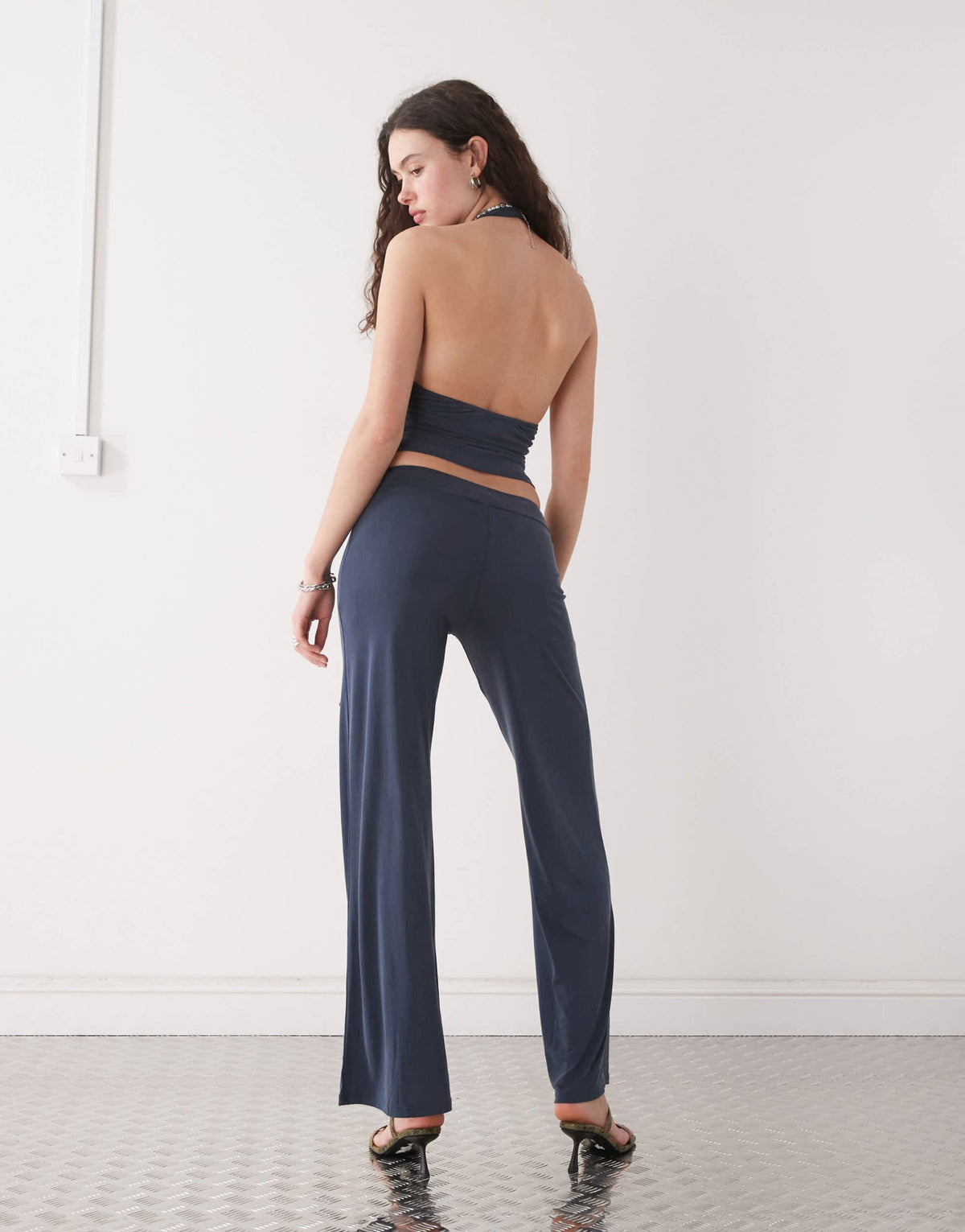 Motel donata low rise slinky co-ord trousers in ocean storm blue - ASOS Sample Sale
