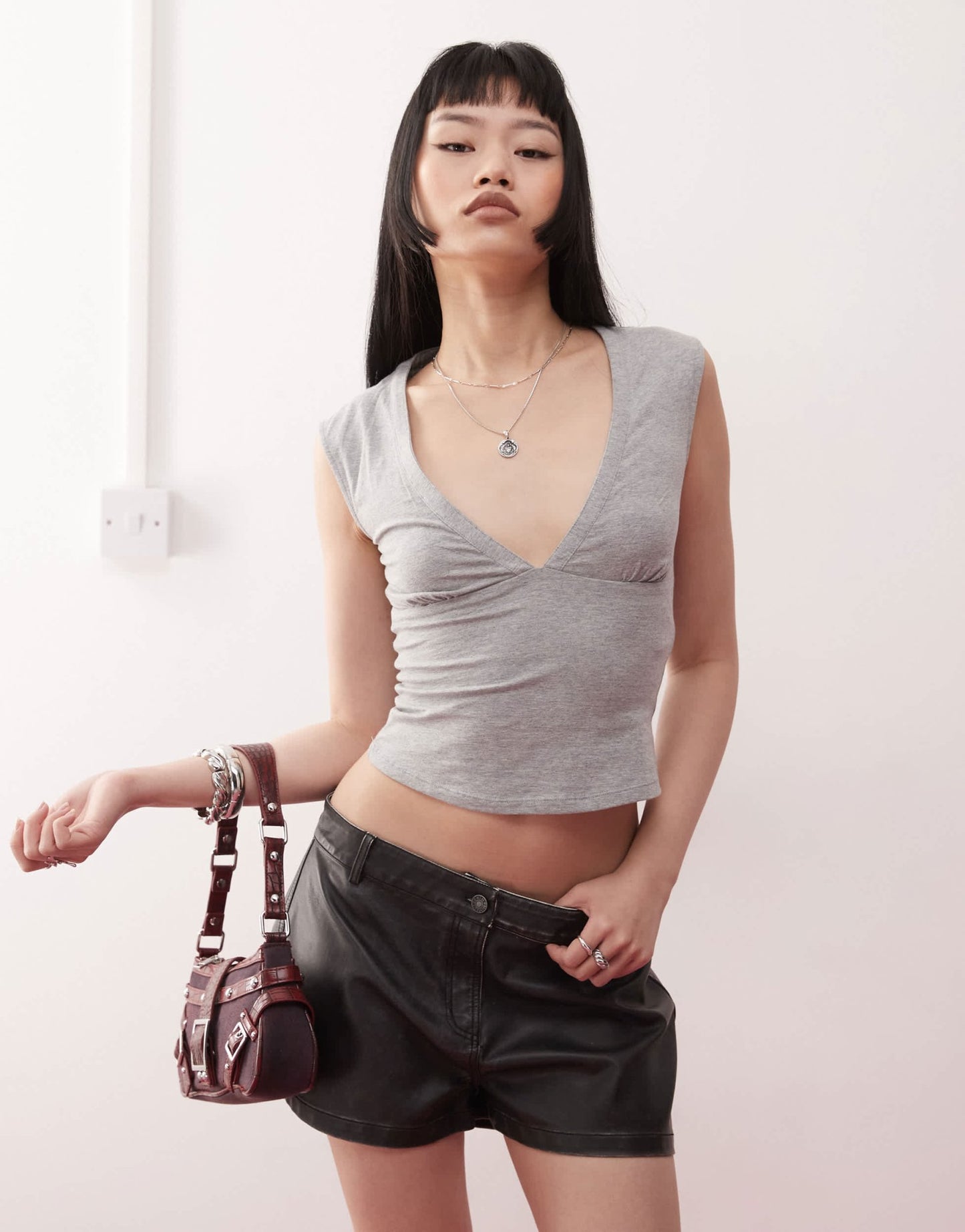 Motel emberly plunge front top in grey marl - ASOS Sample Sale
