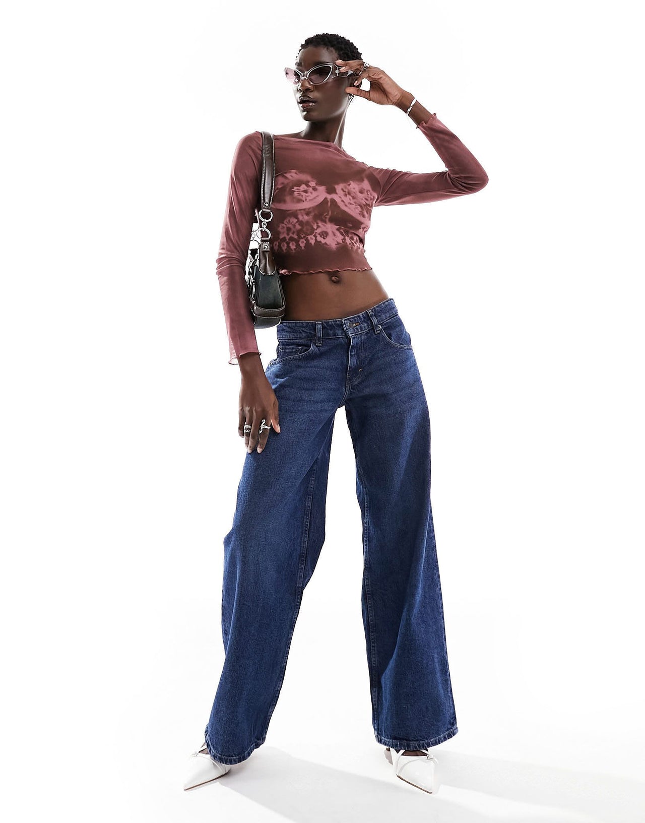 Motel extra wide low rise jeans in mid blue used wash - ASOS Sample Sale