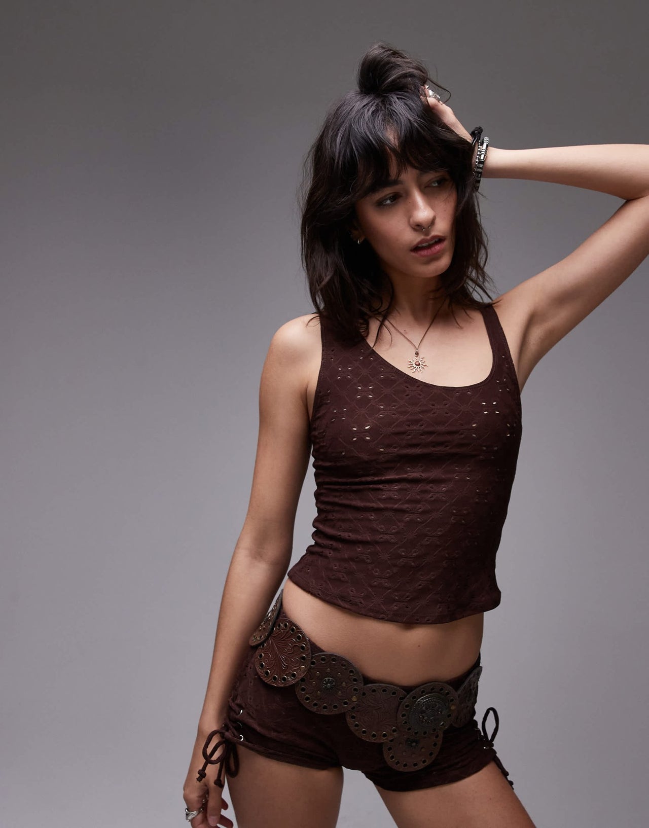Motel fukama stretch broderie vest top in brown - ASOS Sample Sale