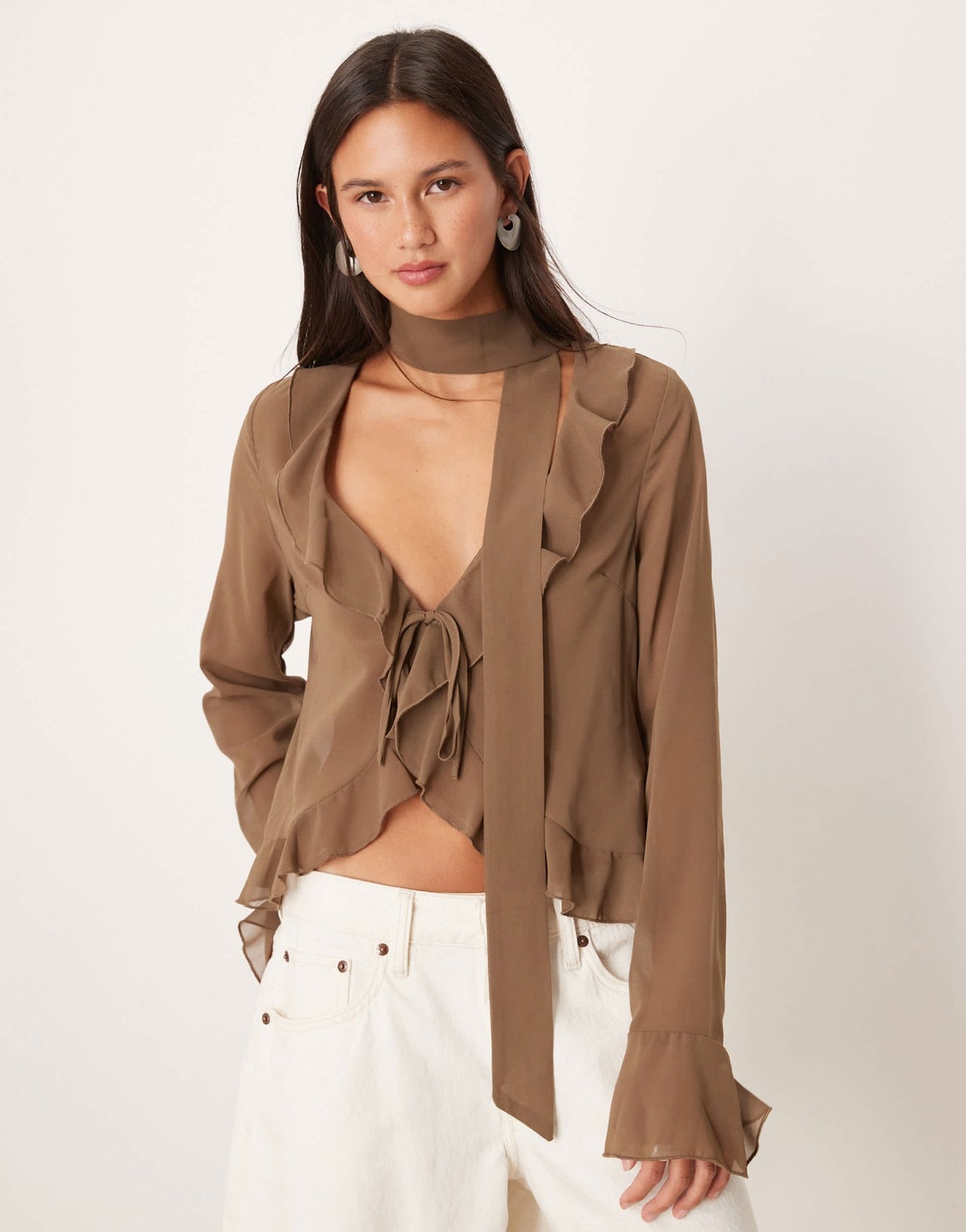 Motel hirap ruffle front sheer blouse in mocha - ASOS Sample Sale