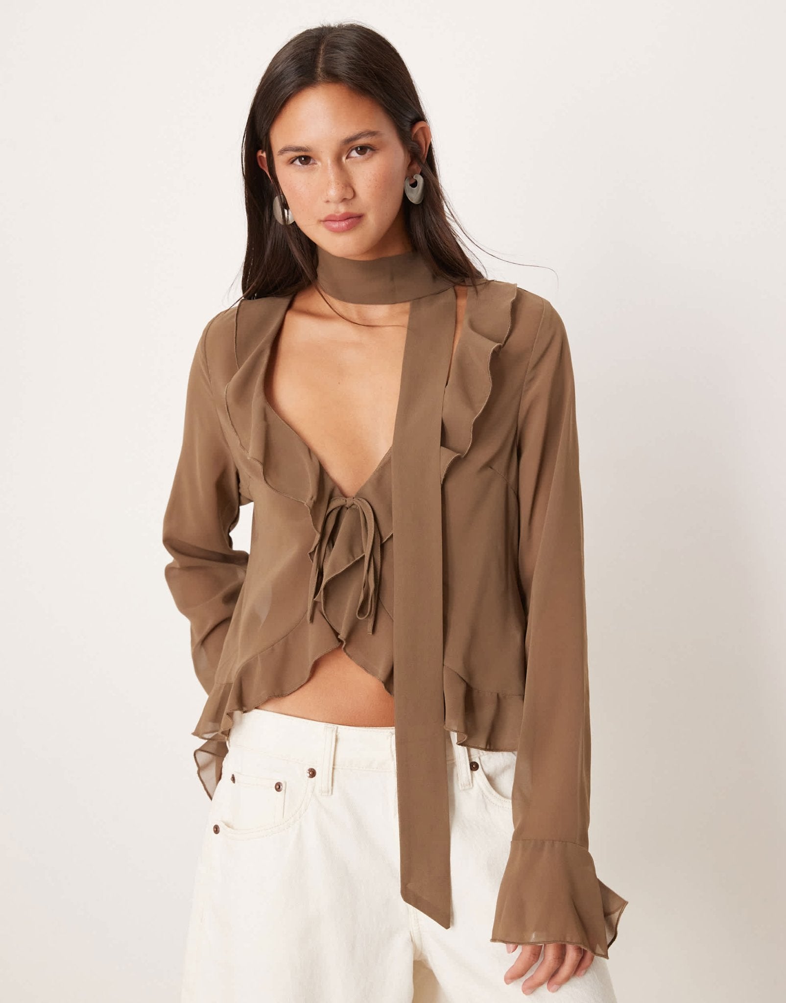 Motel hirap ruffle front sheer blouse in mocha - ASOS Sample Sale