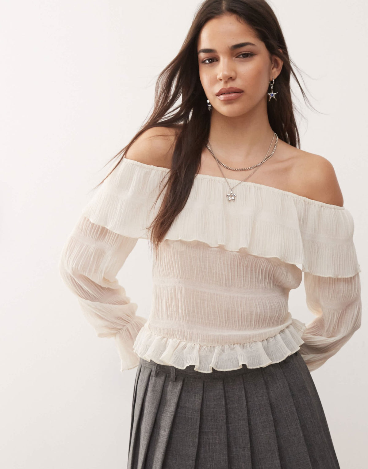 Motel kalena ruffle off-shoulder long sleeve blouse in ivory - ASOS Sample Sale