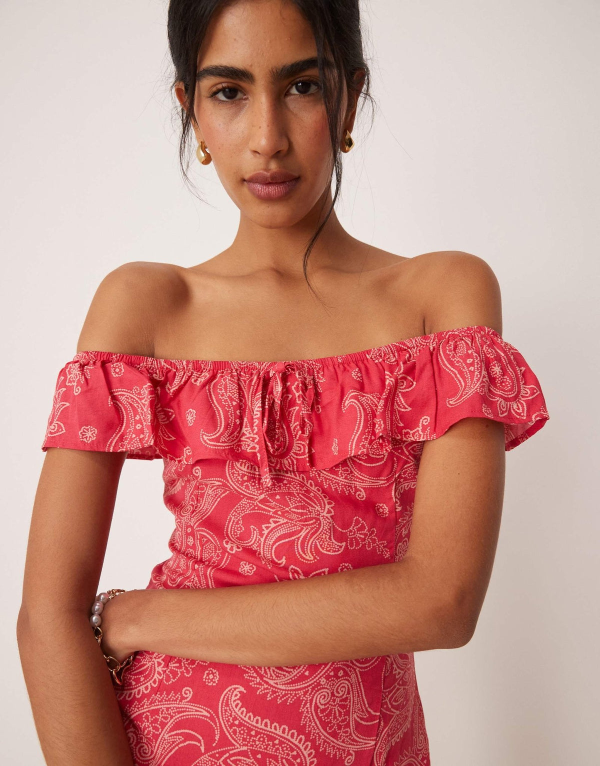 Motel kenja paisley off shoulder ruffle mini dress in pink - ASOS Sample Sale
