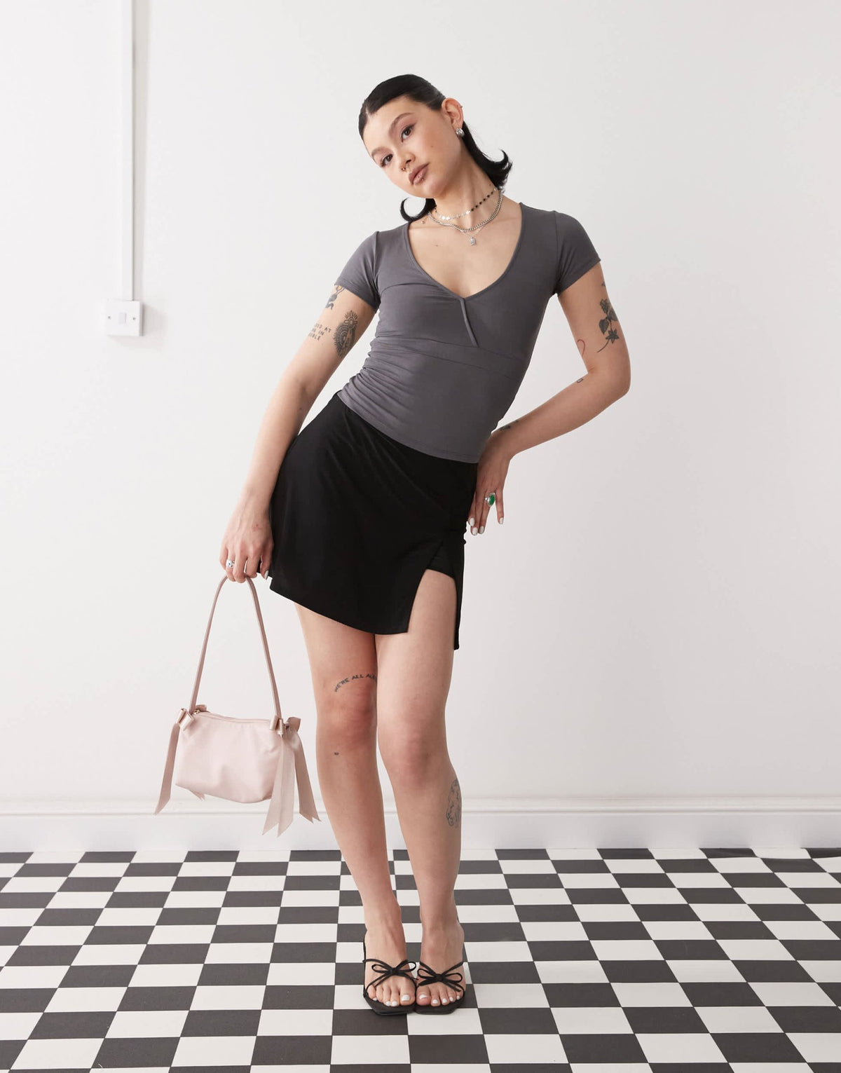 Motel machiko plunge front wrap top in charcoal grey - ASOS Sample Sale