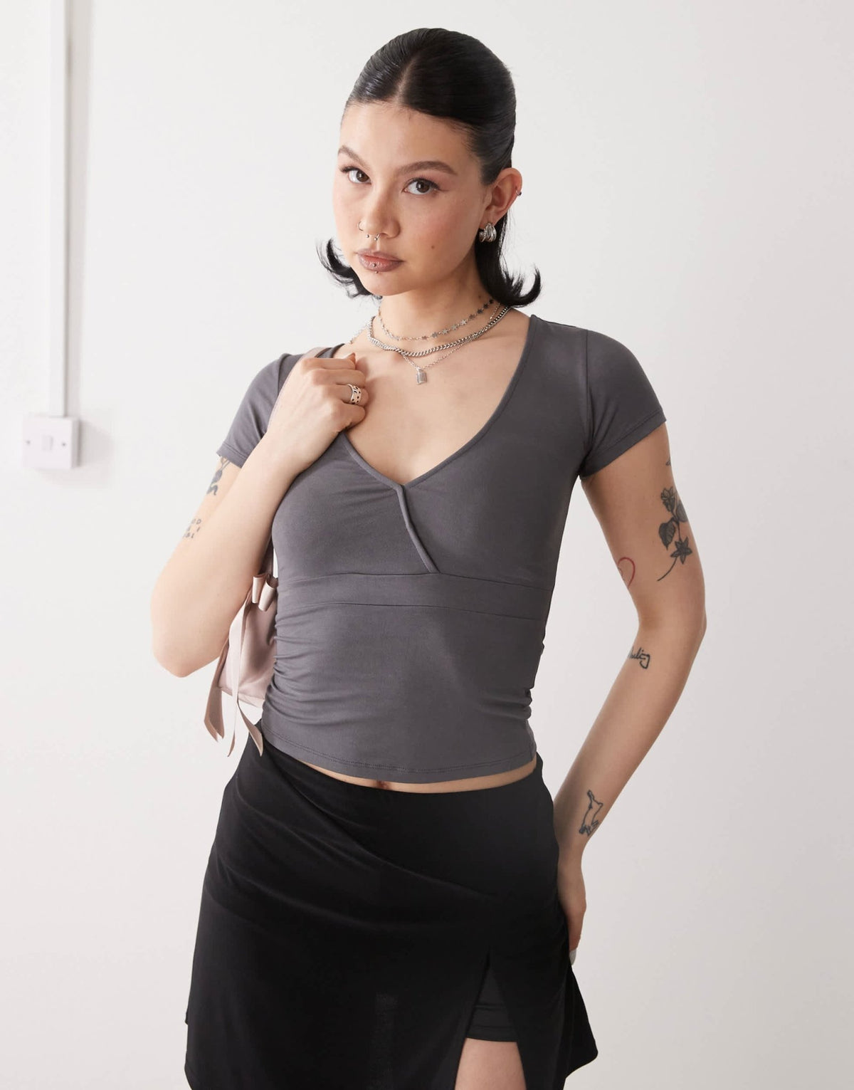 Motel machiko plunge front wrap top in charcoal grey - ASOS Sample Sale