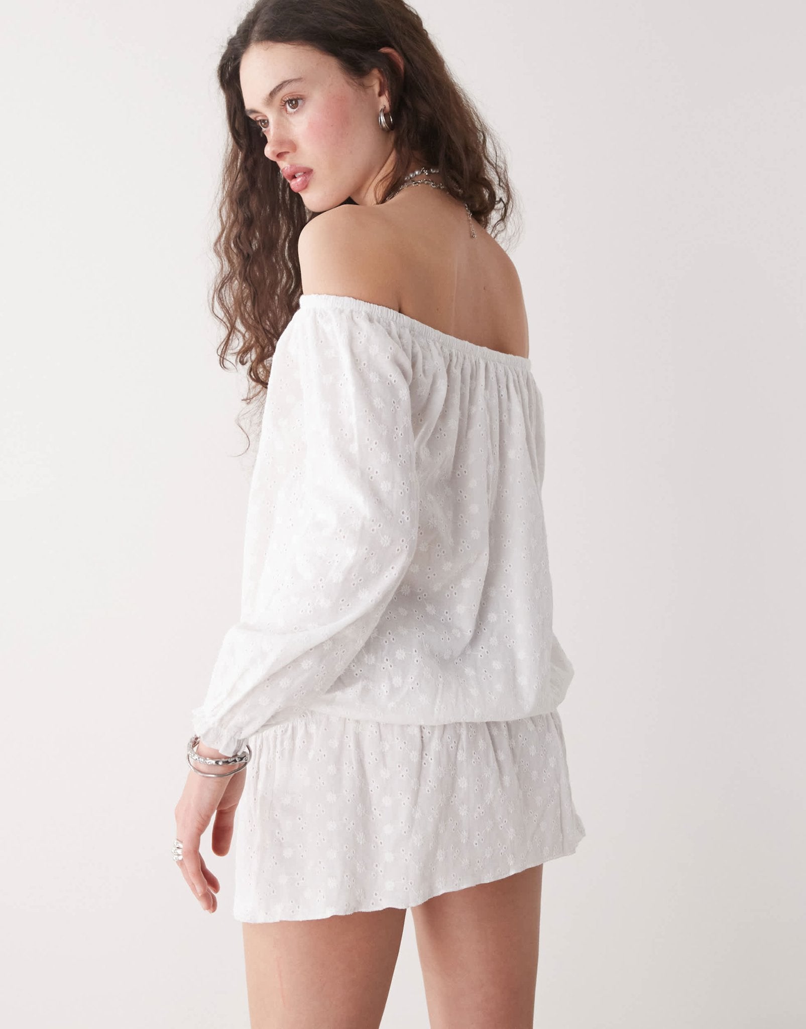 Motel melisandre broderie off - shoulder mini smock dress in ivory - ASOS Sample Sale
