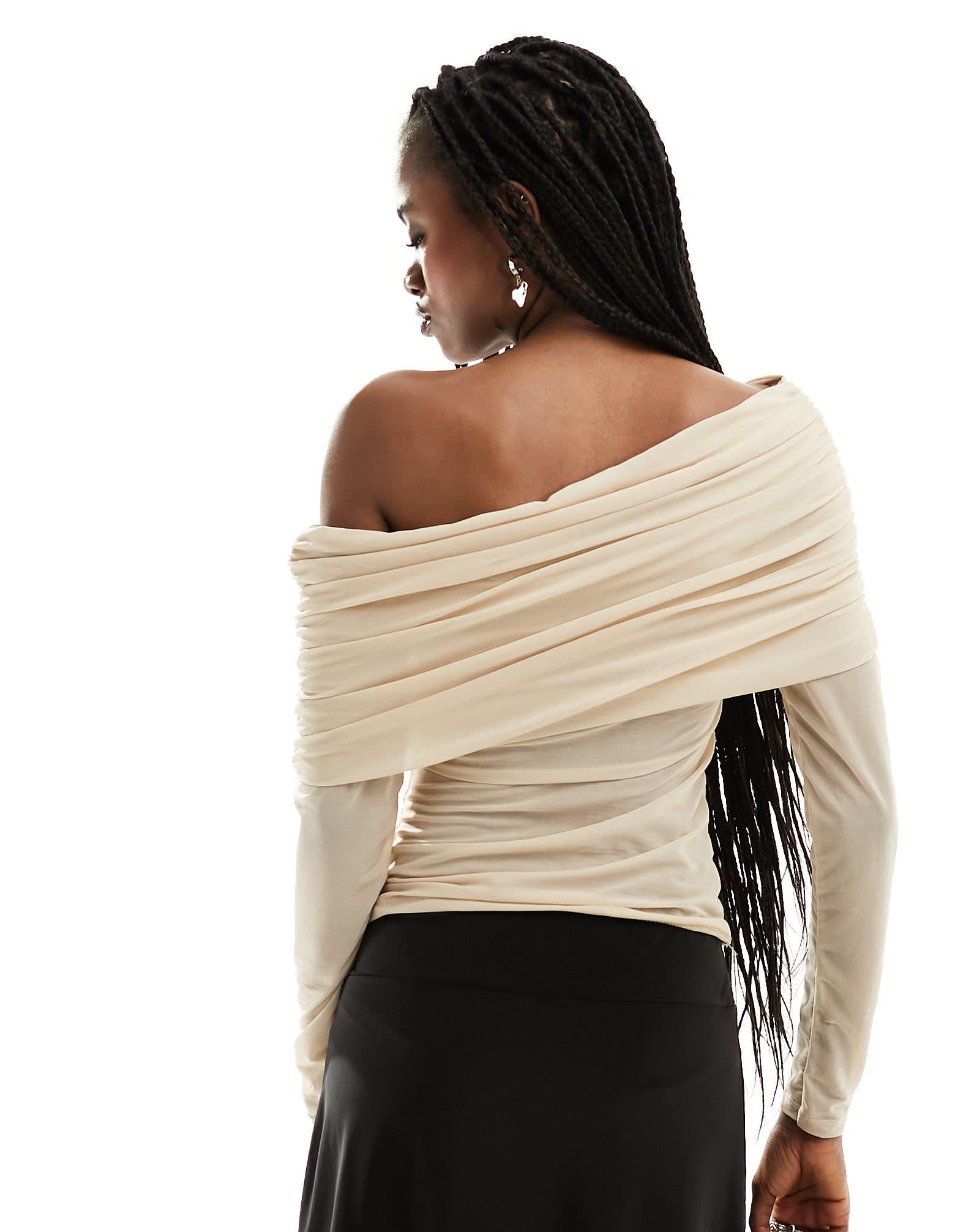 Motel off shoulder fold over slinky long sleeve top in camel - ASOS Sample Sale