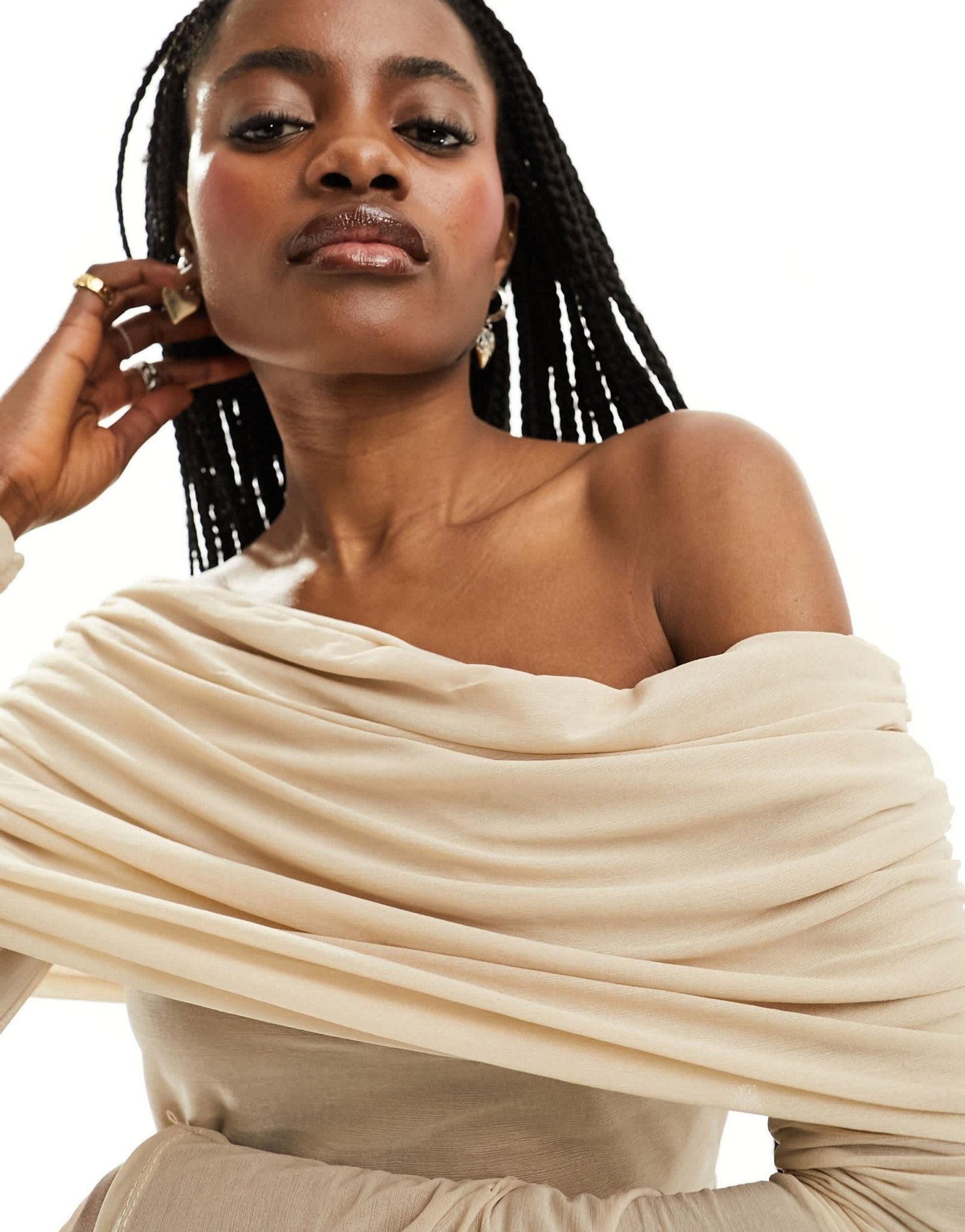 Motel off shoulder fold over slinky long sleeve top in camel - ASOS Sample Sale