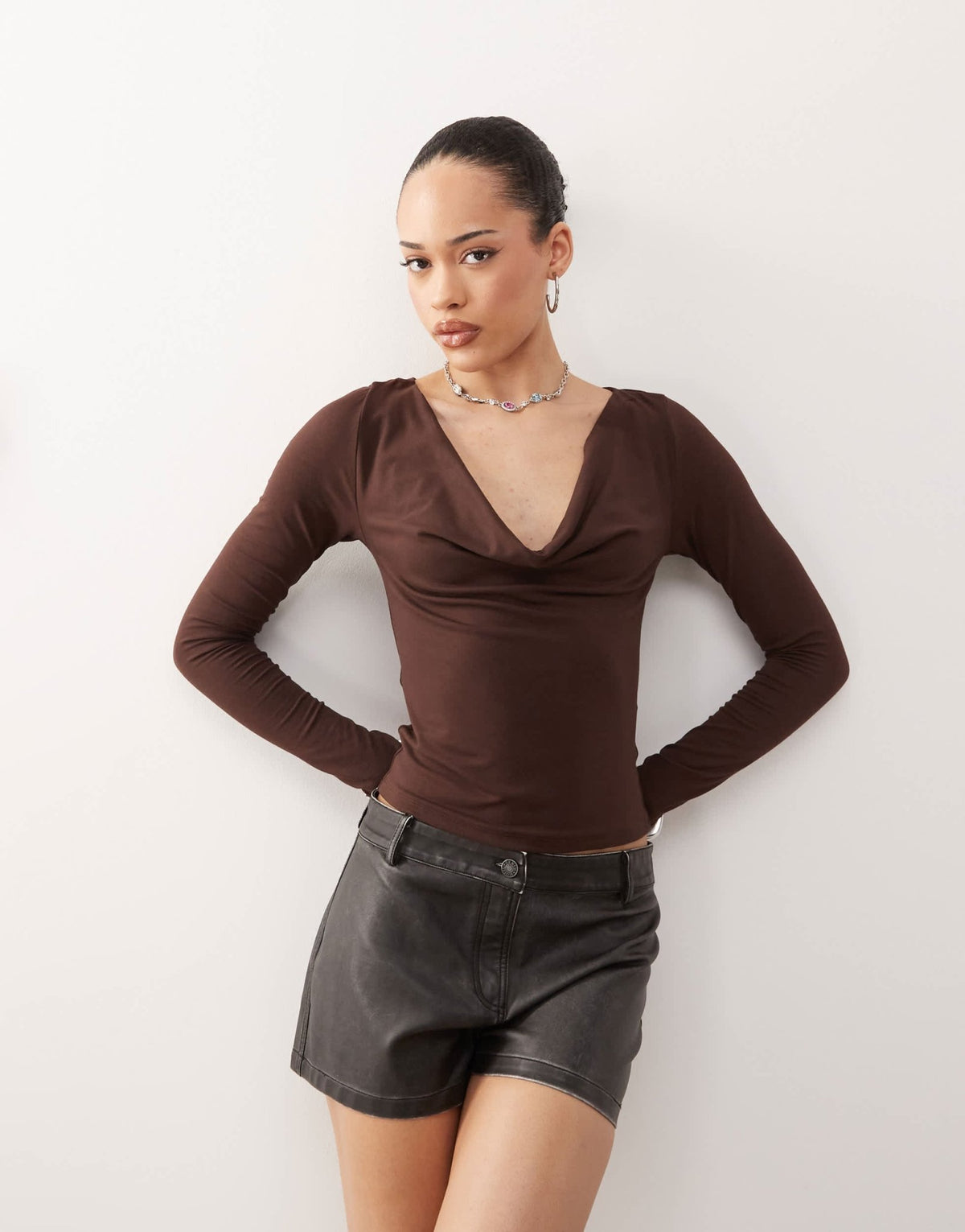 Motel Renice cowl long sleeeve top in bitter chocolate - ASOS Sample Sale