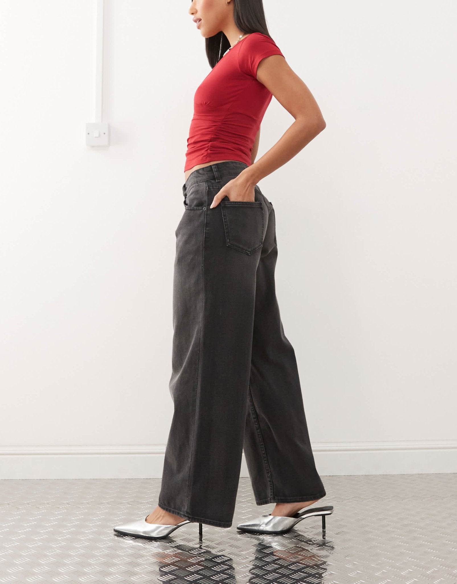 Motel roomy extra wide low rise jeans in washed black grey - ASOS Sample Sale