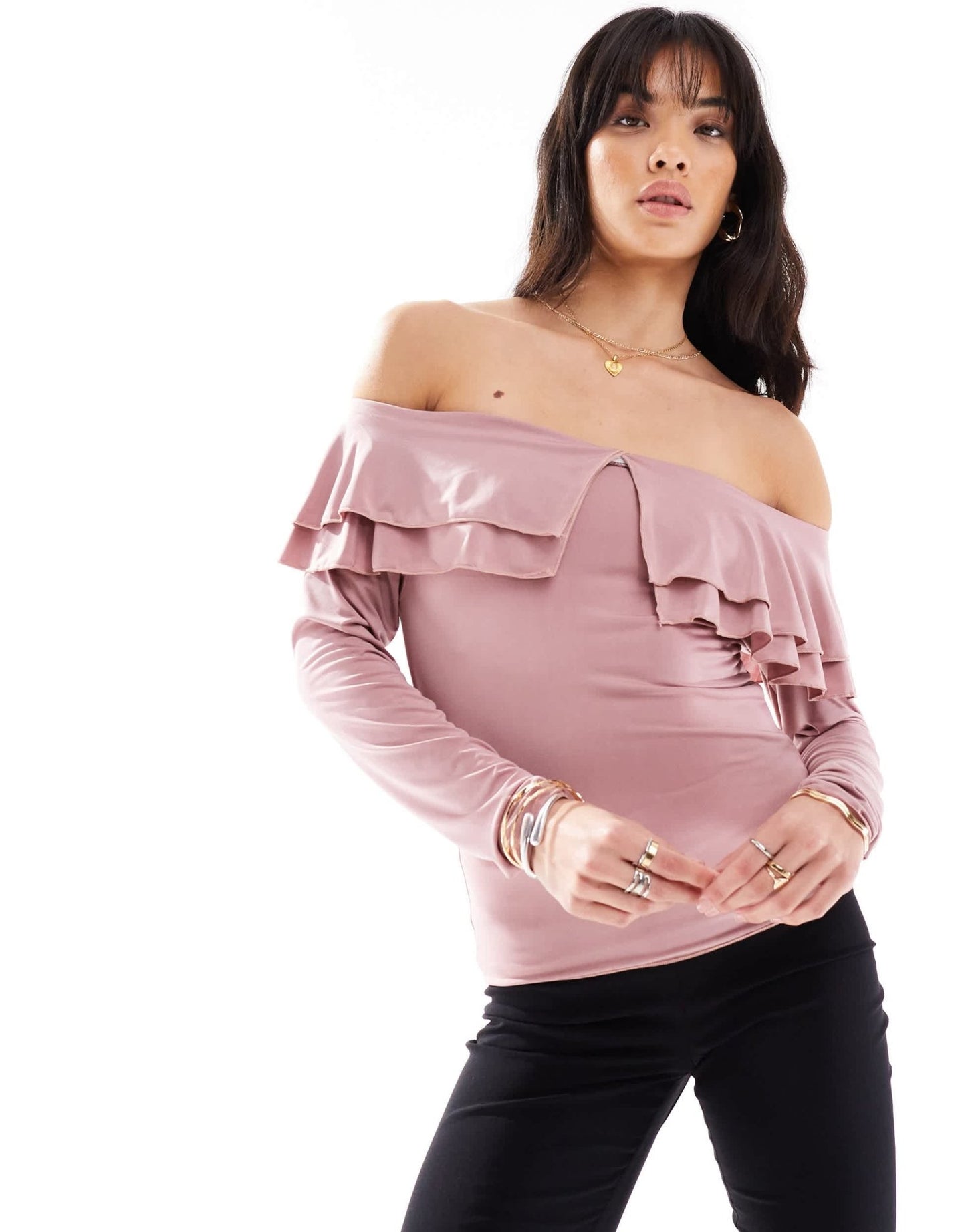 Motel ruffle off shoulder slinky long sleeve top in pink - ASOS Sample Sale