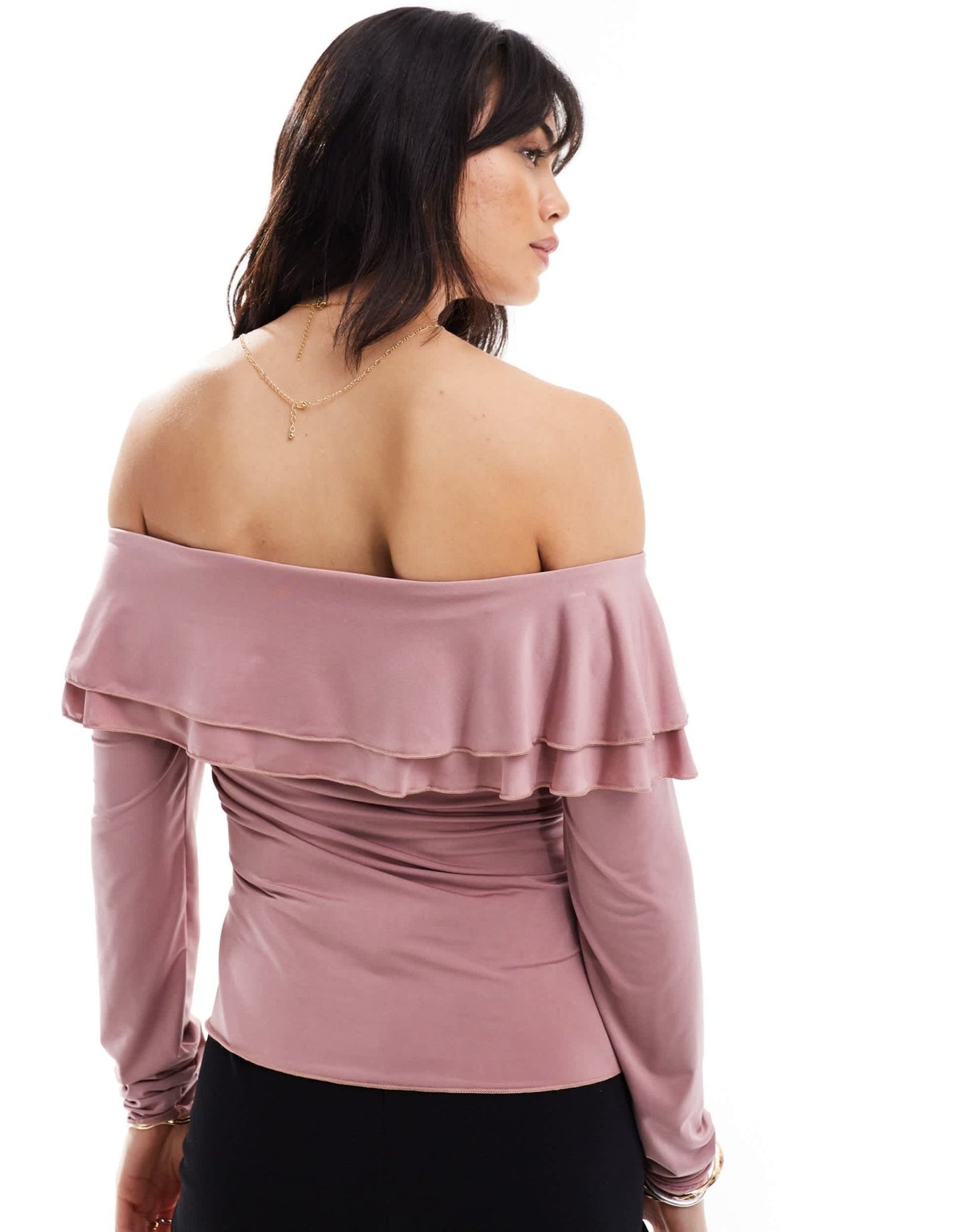 Motel ruffle off shoulder slinky long sleeve top in pink - ASOS Sample Sale