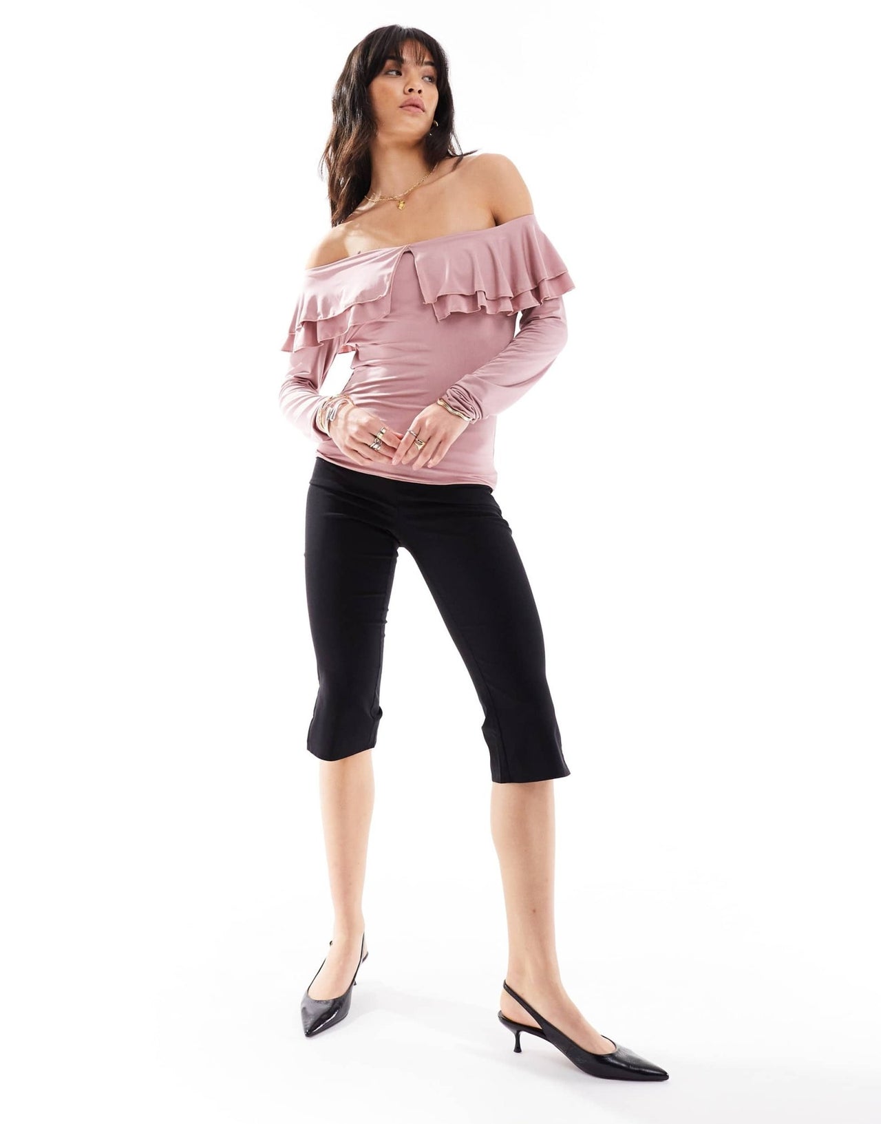 Motel ruffle off shoulder slinky long sleeve top in pink - ASOS Sample Sale