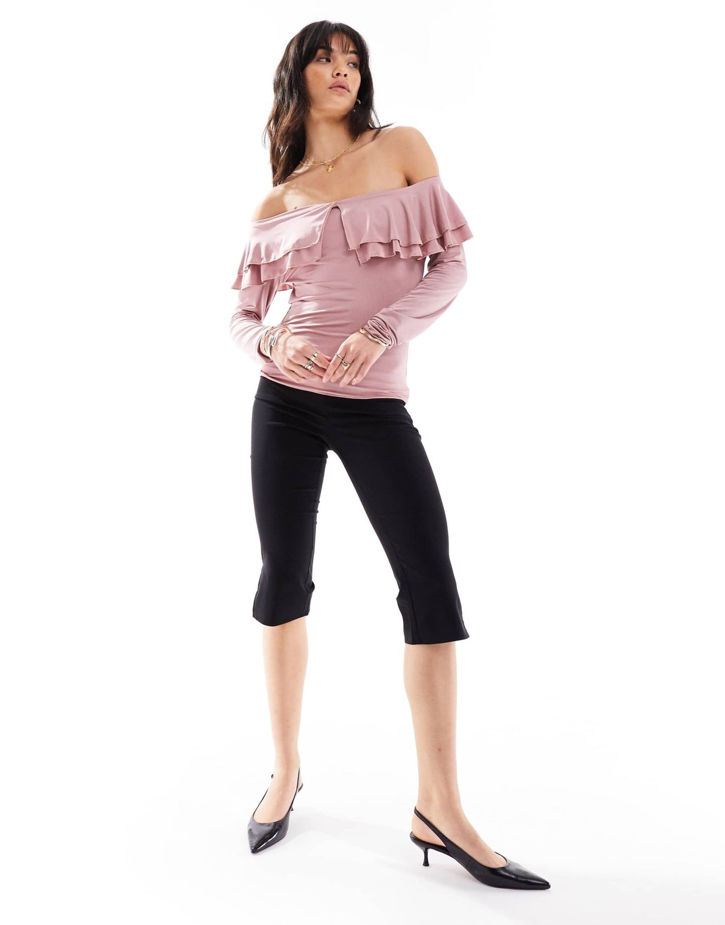 Motel ruffle off shoulder slinky long sleeve top in pink - ASOS Sample Sale