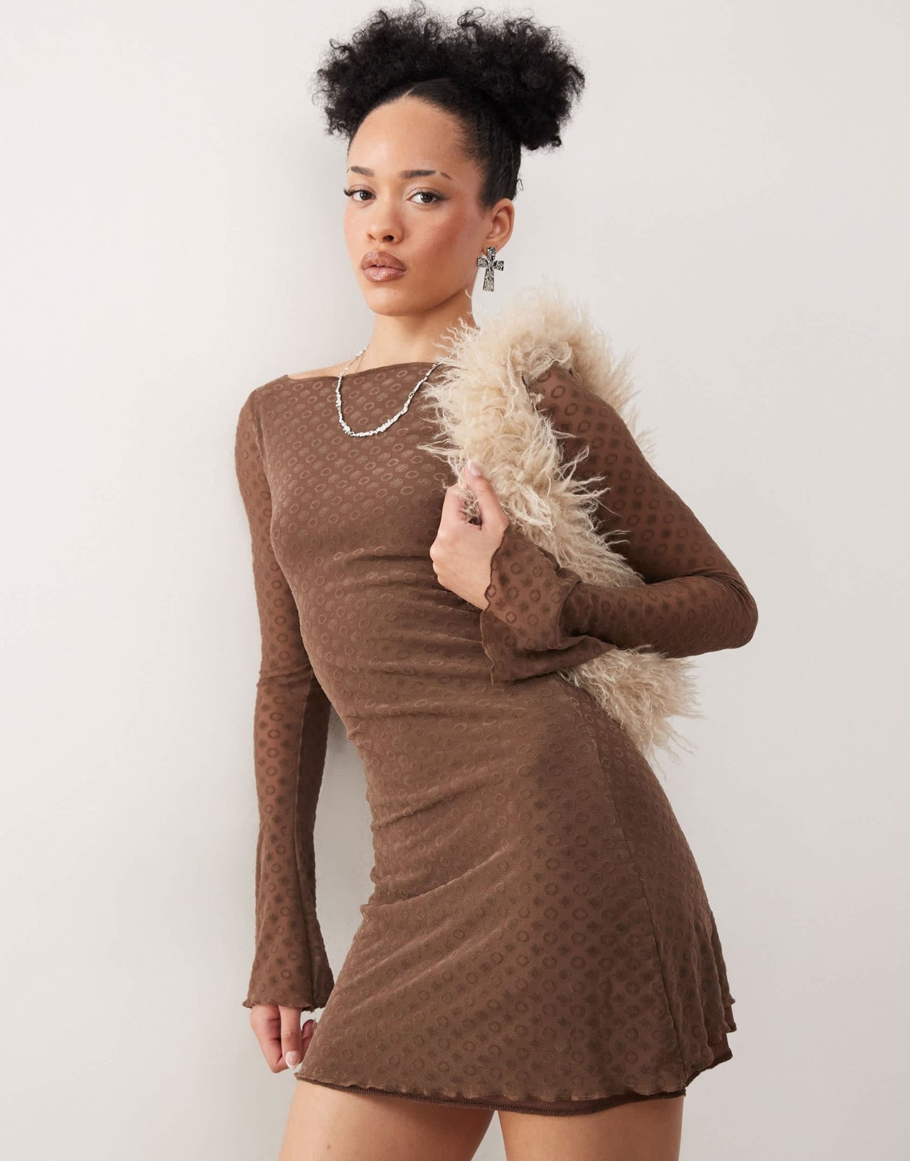 Motel sevila polka tile print long sleeve dress in brown - ASOS Sample Sale