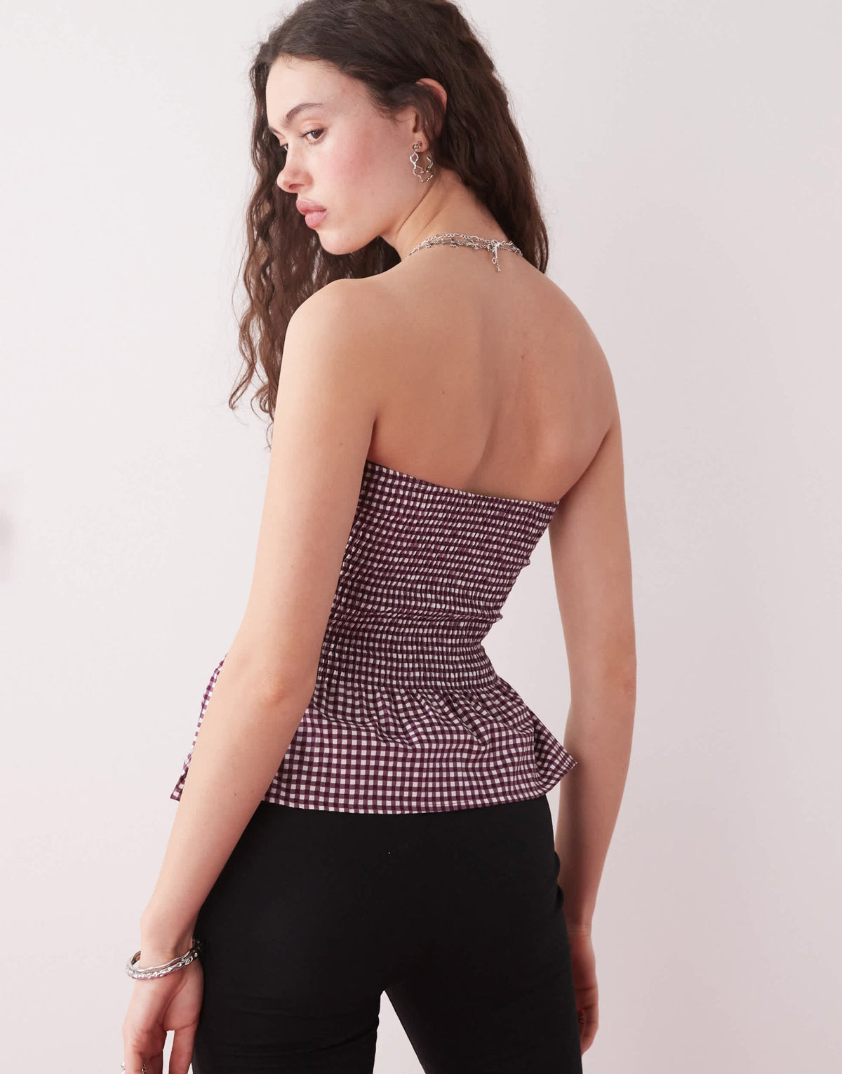 Motel soter button through gingham bandeau top in wine - ASOS Sample Sale