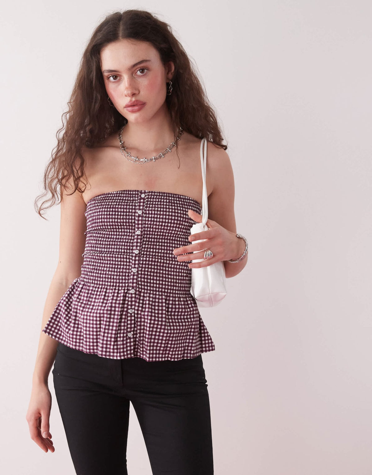 Motel soter button through gingham bandeau top in wine - ASOS Sample Sale