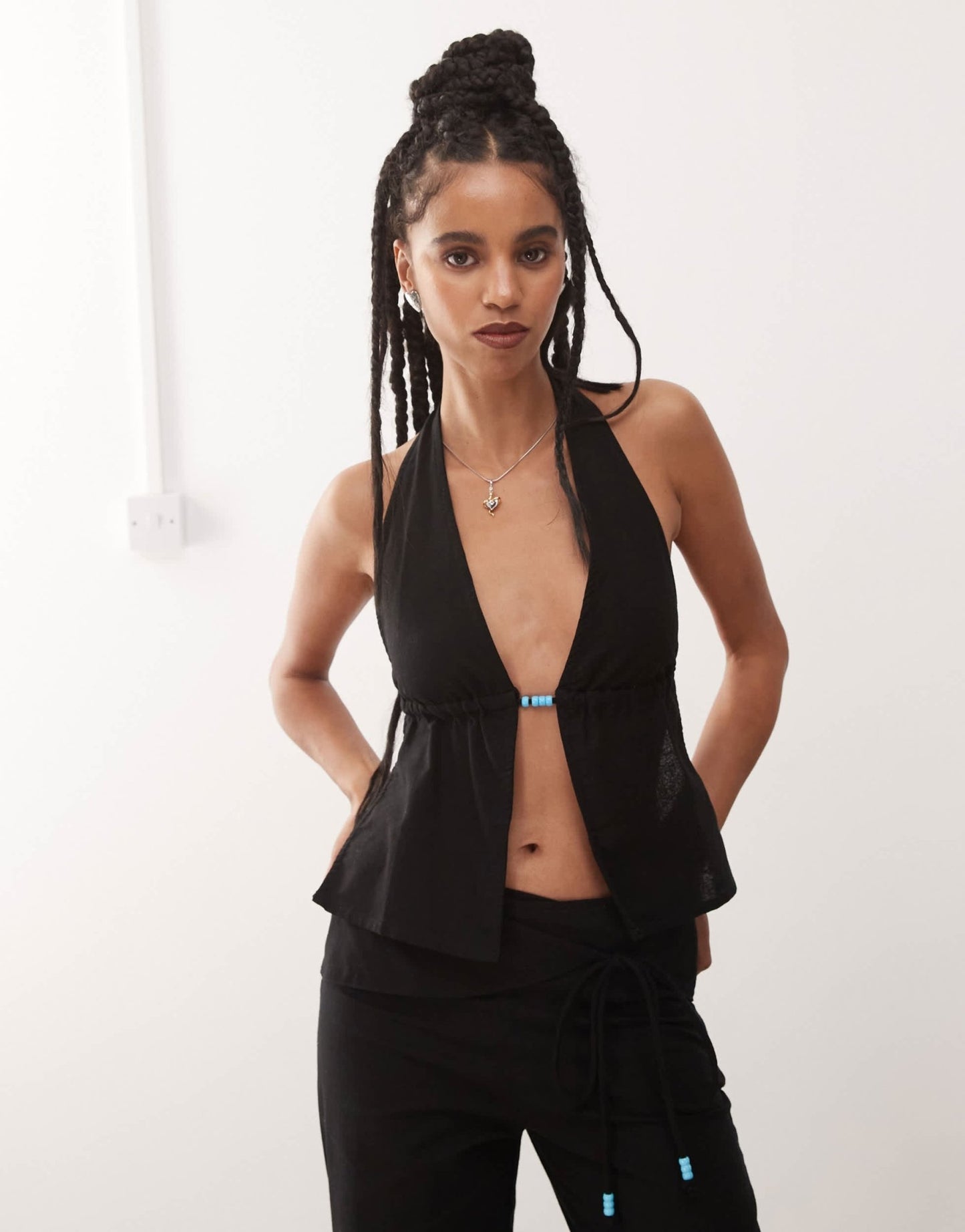 Motel syrma bead detail linen halter top in black - ASOS Sample Sale
