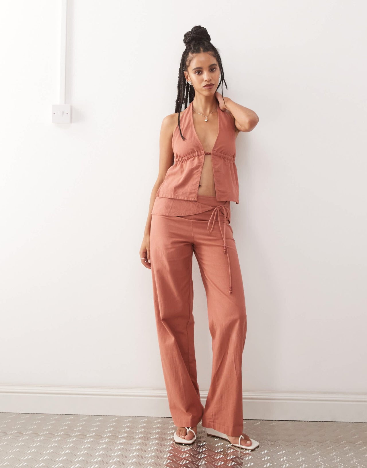 Motel syrma bead detail linen halter top in tuscan red - ASOS Sample Sale