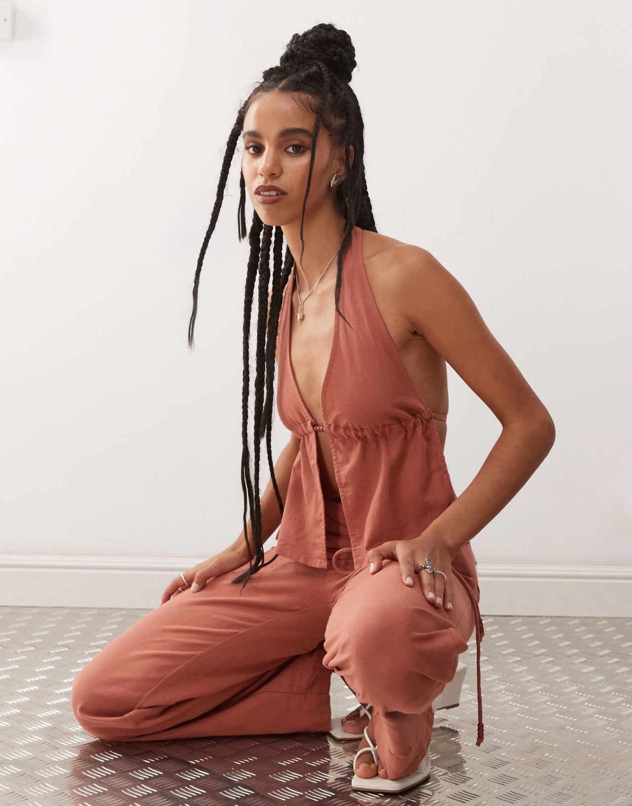 Motel syrma bead detail linen halter top in tuscan red - ASOS Sample Sale