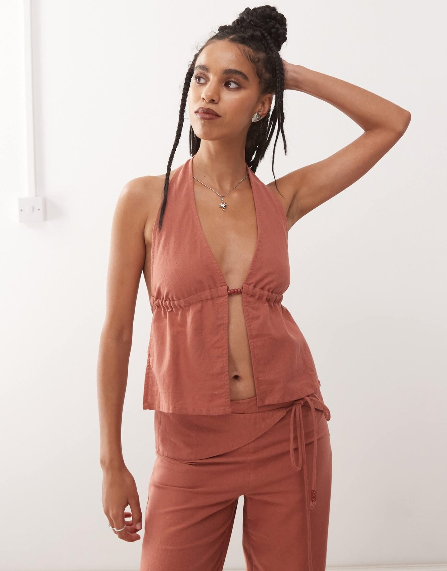 Motel syrma bead detail linen halter top in tuscan red - ASOS Sample Sale