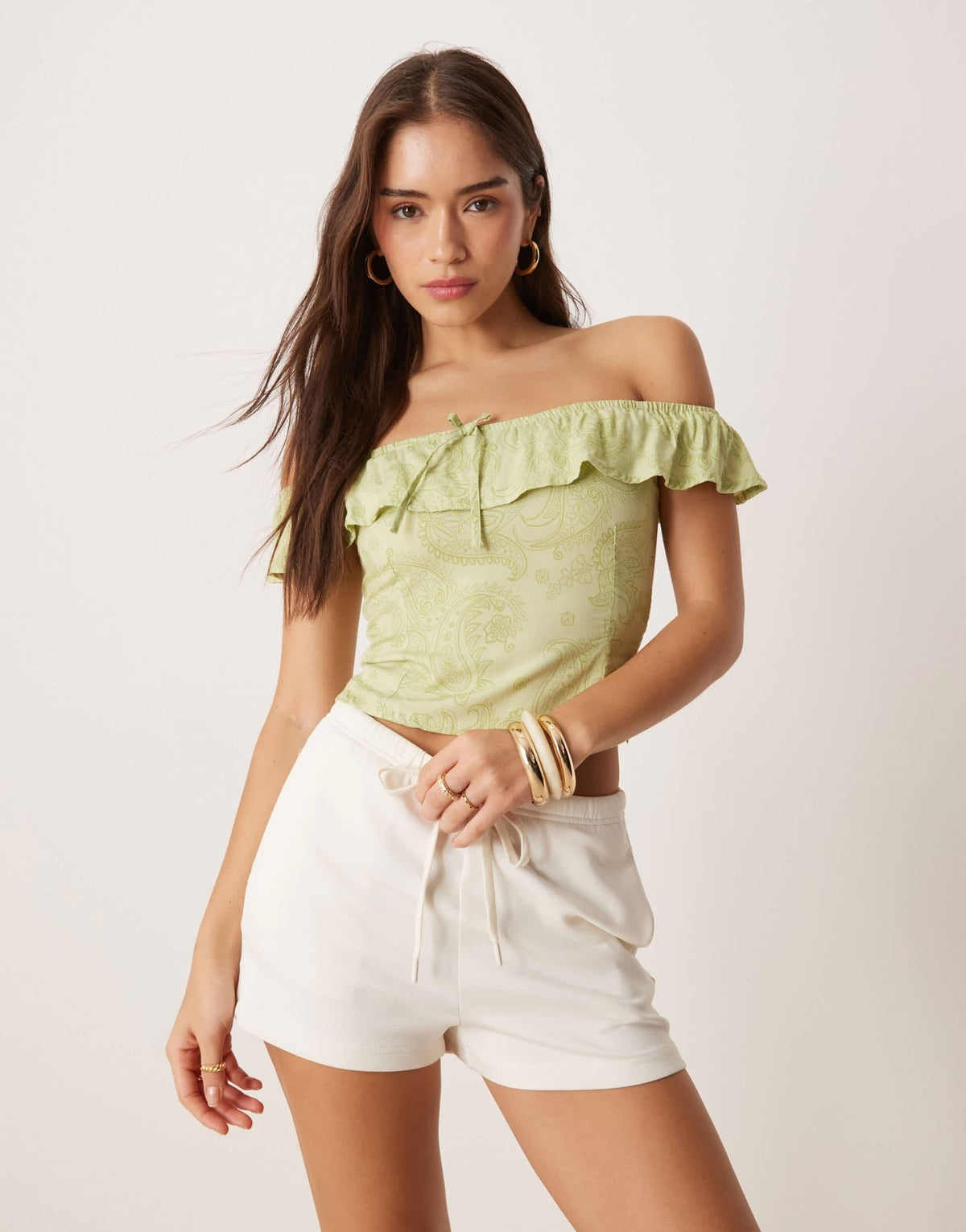 Motel yokai retro paisley print bardot top in lime - ASOS Sample Sale