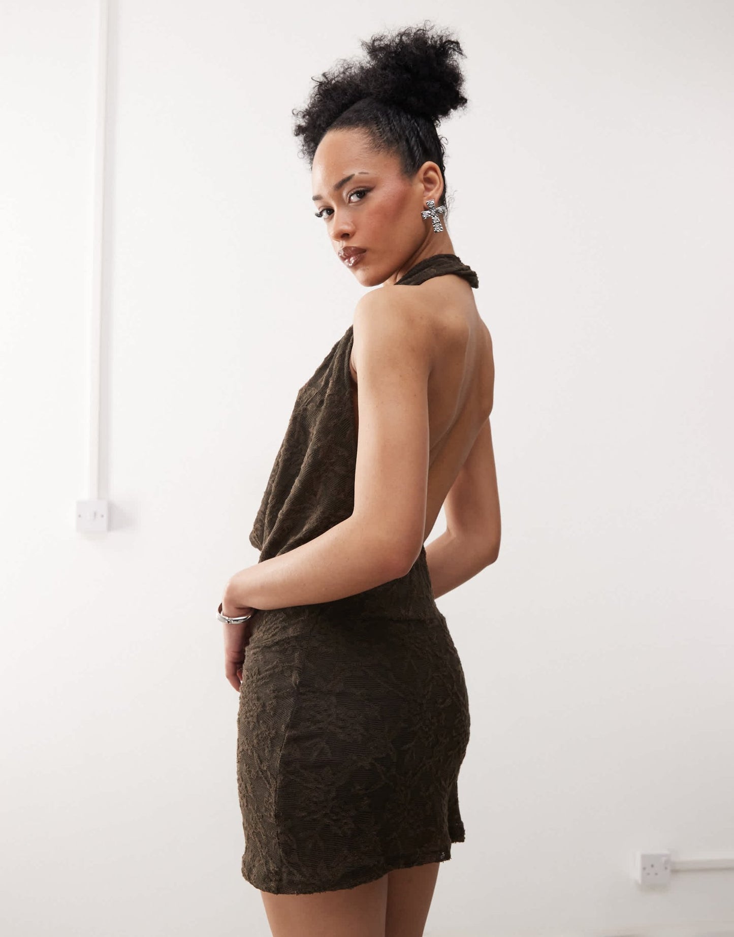 Motel zari jaquard knit cowl neck dress in dark brown - ASOS Sample Sale
