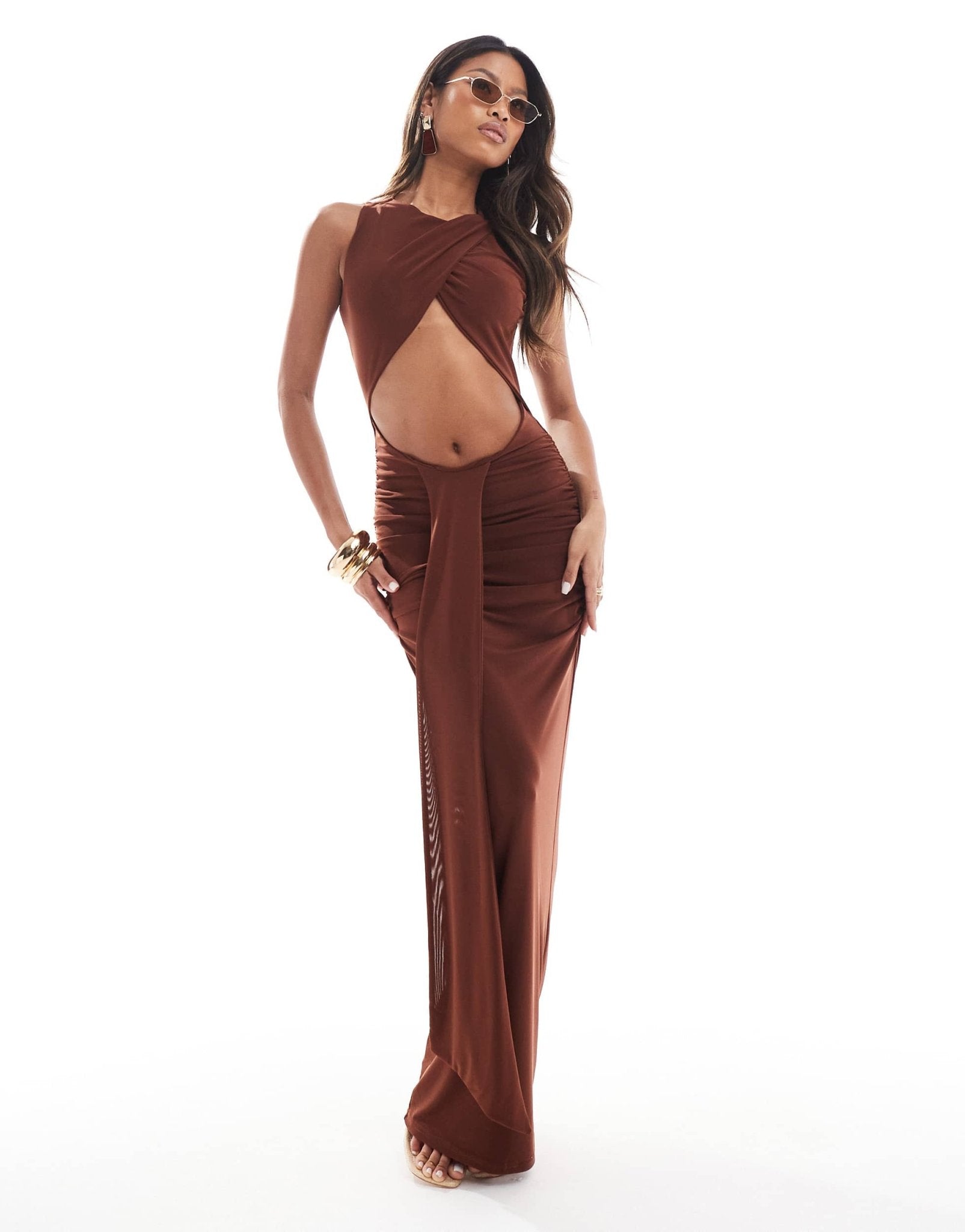 Murci drape detail cut out high neck maxi dress in brown - ASOS Sample Sale